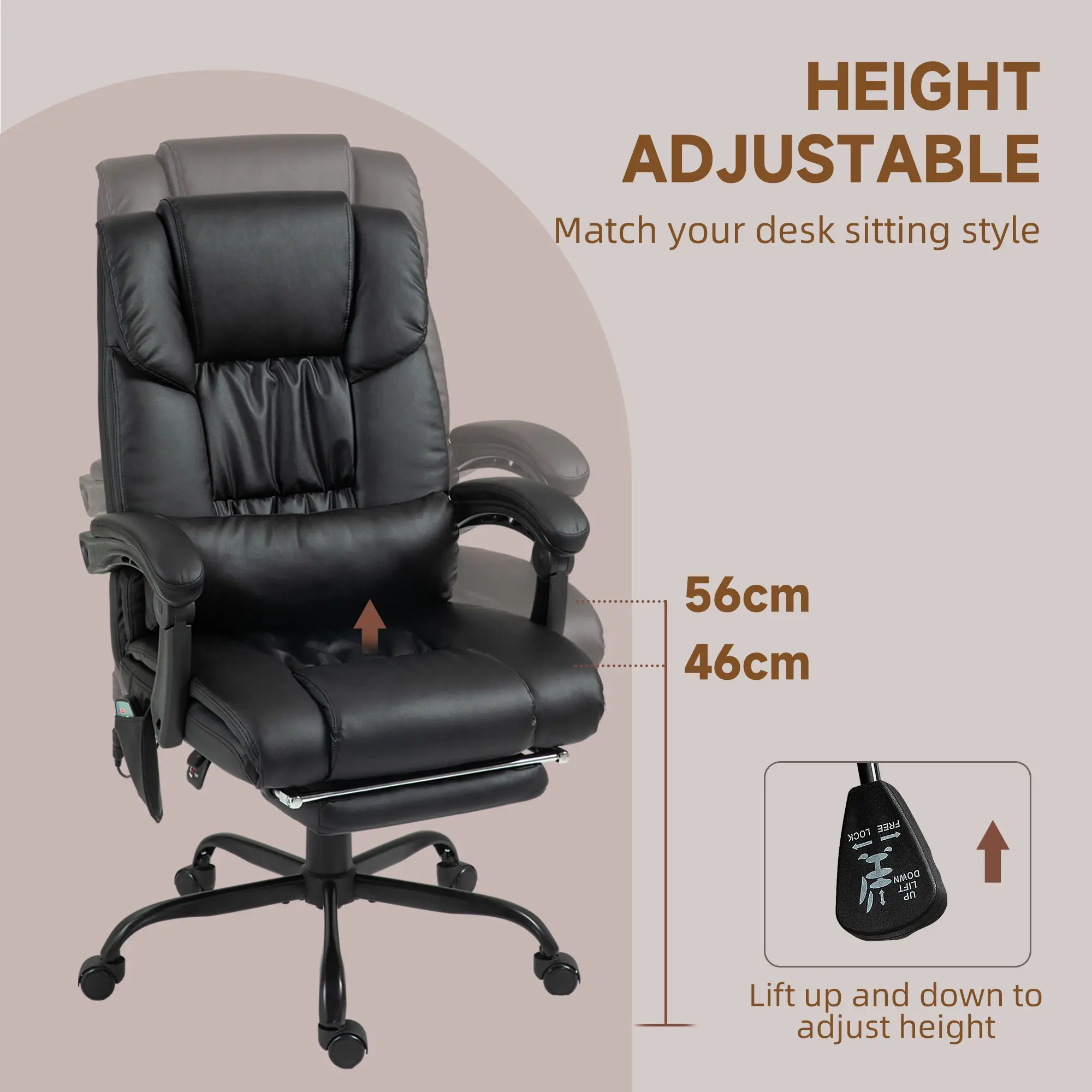 6-Point Vibration Massage Chair, Height Adjustable, Reclining, Black - Image 4