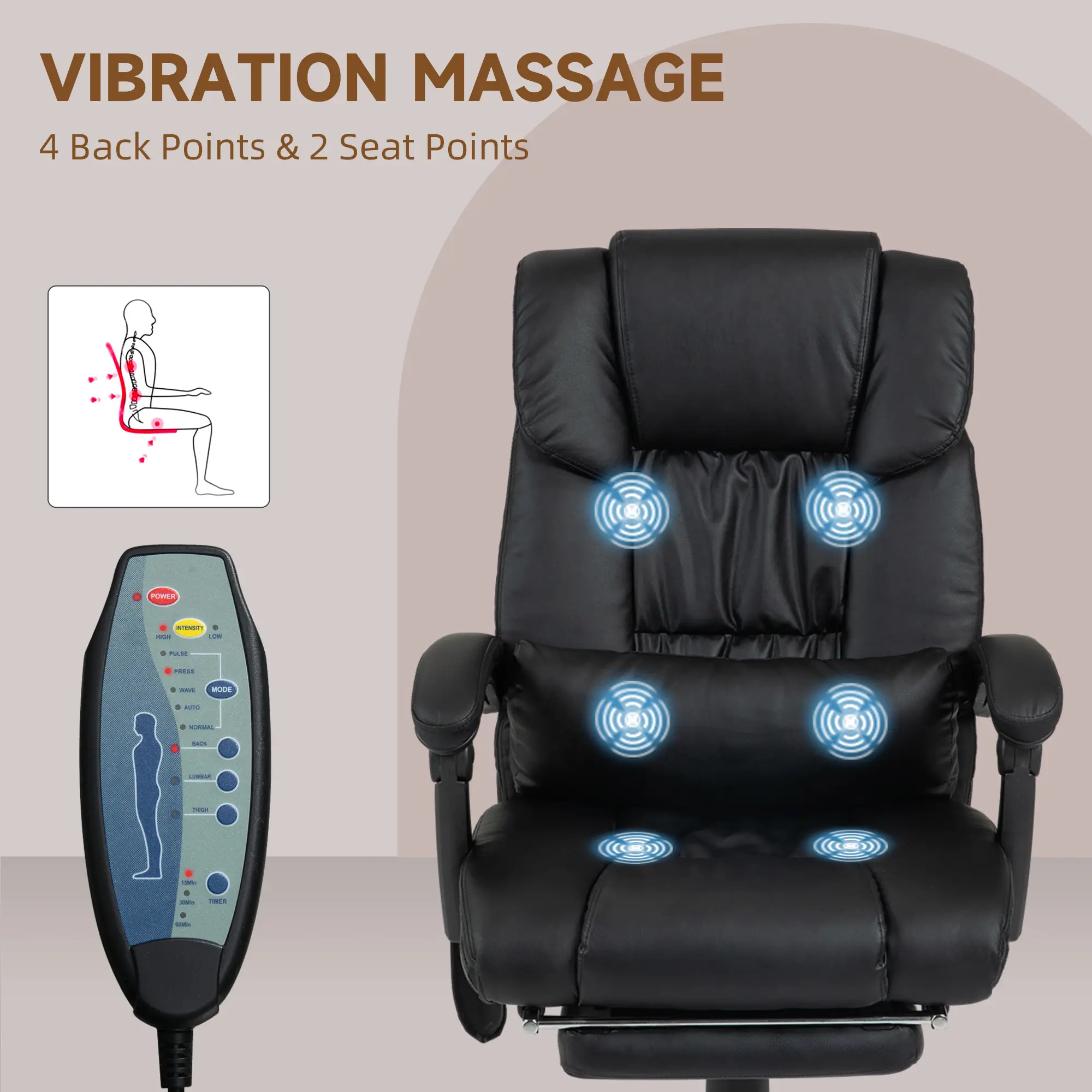 6-Point Vibration Massage Chair, Height Adjustable, Reclining, Black - Image 6
