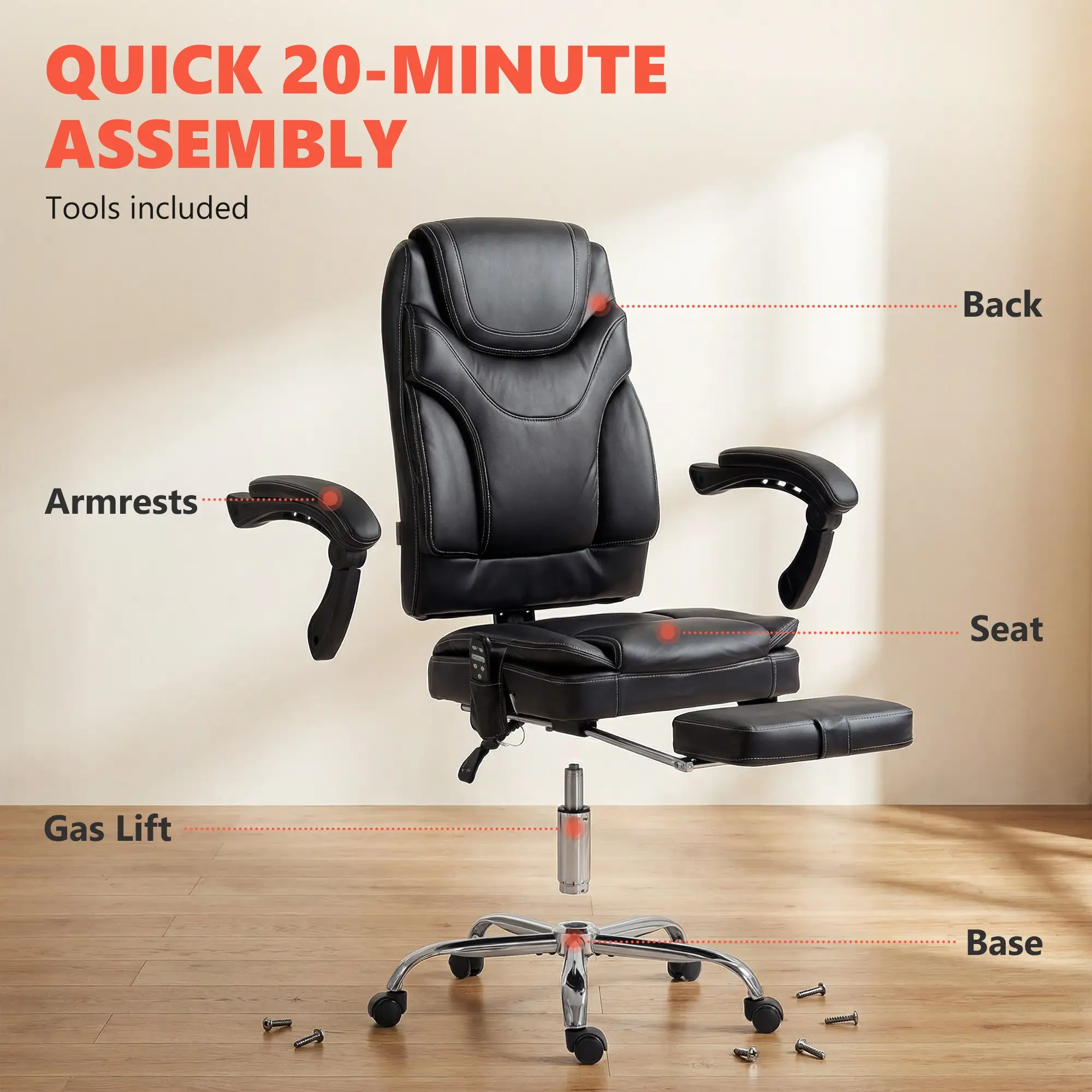6 Point Vibration Massage Office Chair, PU Leather, Heated, Black - Image 10
