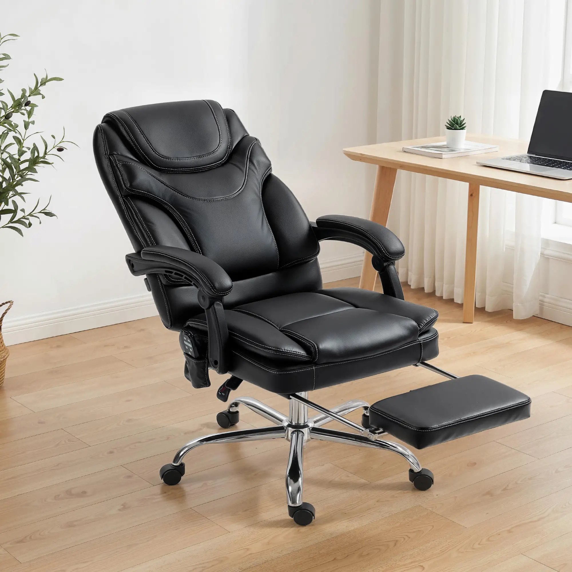 6 Point Vibration Massage Office Chair, PU Leather, Heated, Black - Image 2