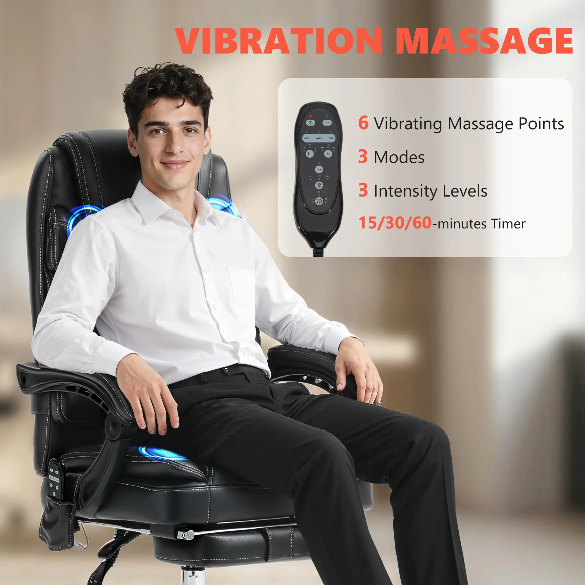 6 Point Vibration Massage Office Chair, PU Leather, Heated, Black - Image 4