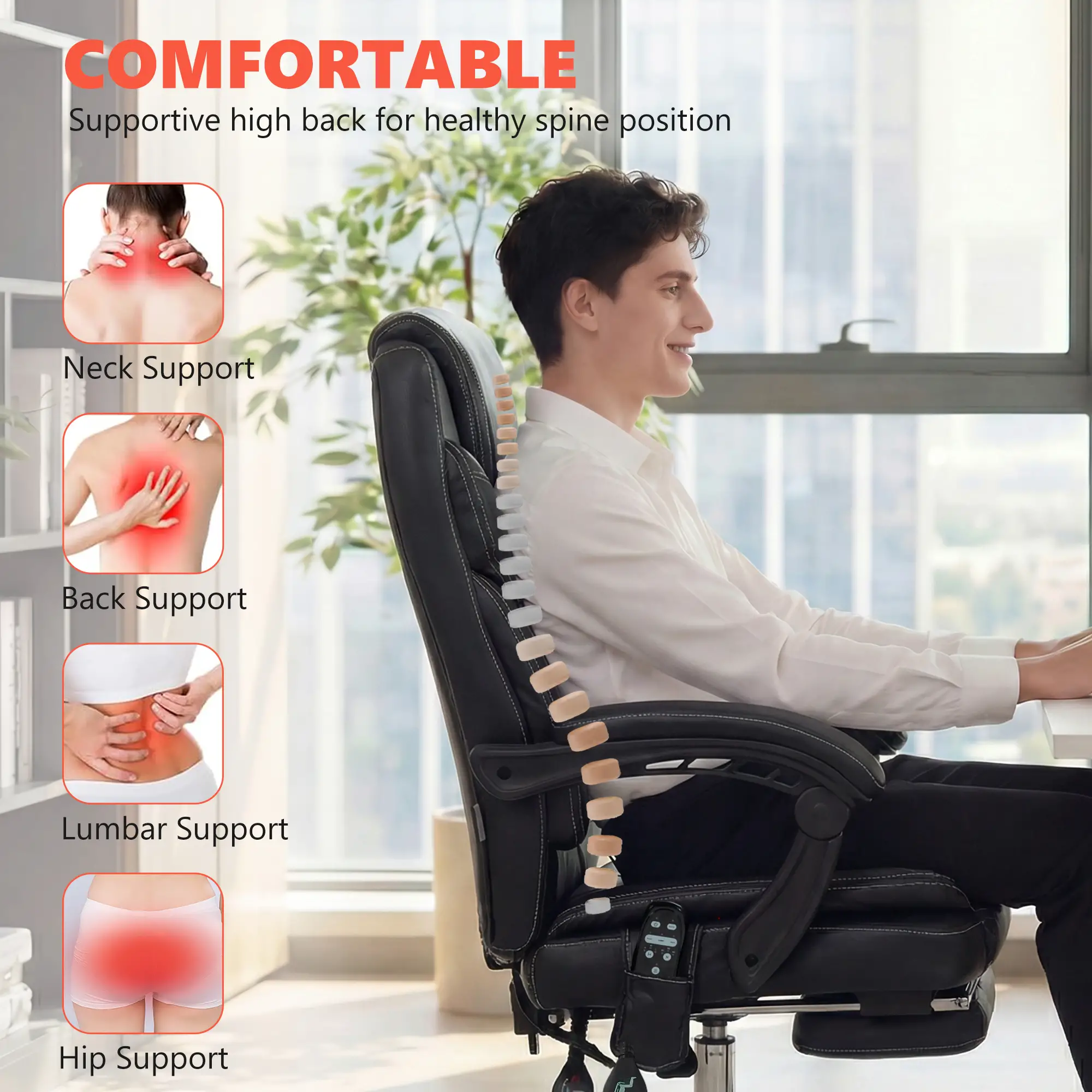 6 Point Vibration Massage Office Chair, PU Leather, Heated, Black - Image 5