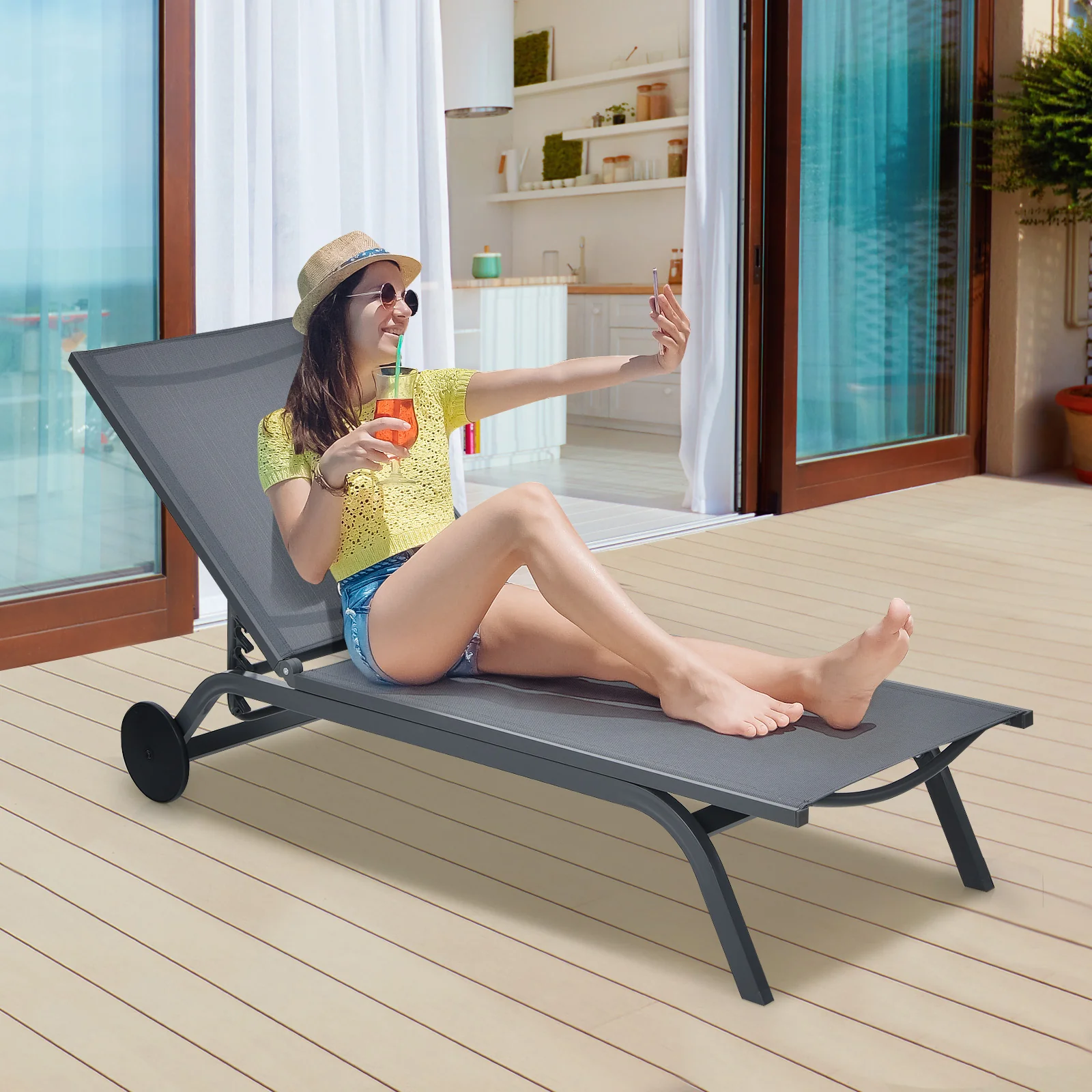 6-Position Adjustable Fabric Outdoor Patio Recliner Chair, Gray - Image 3