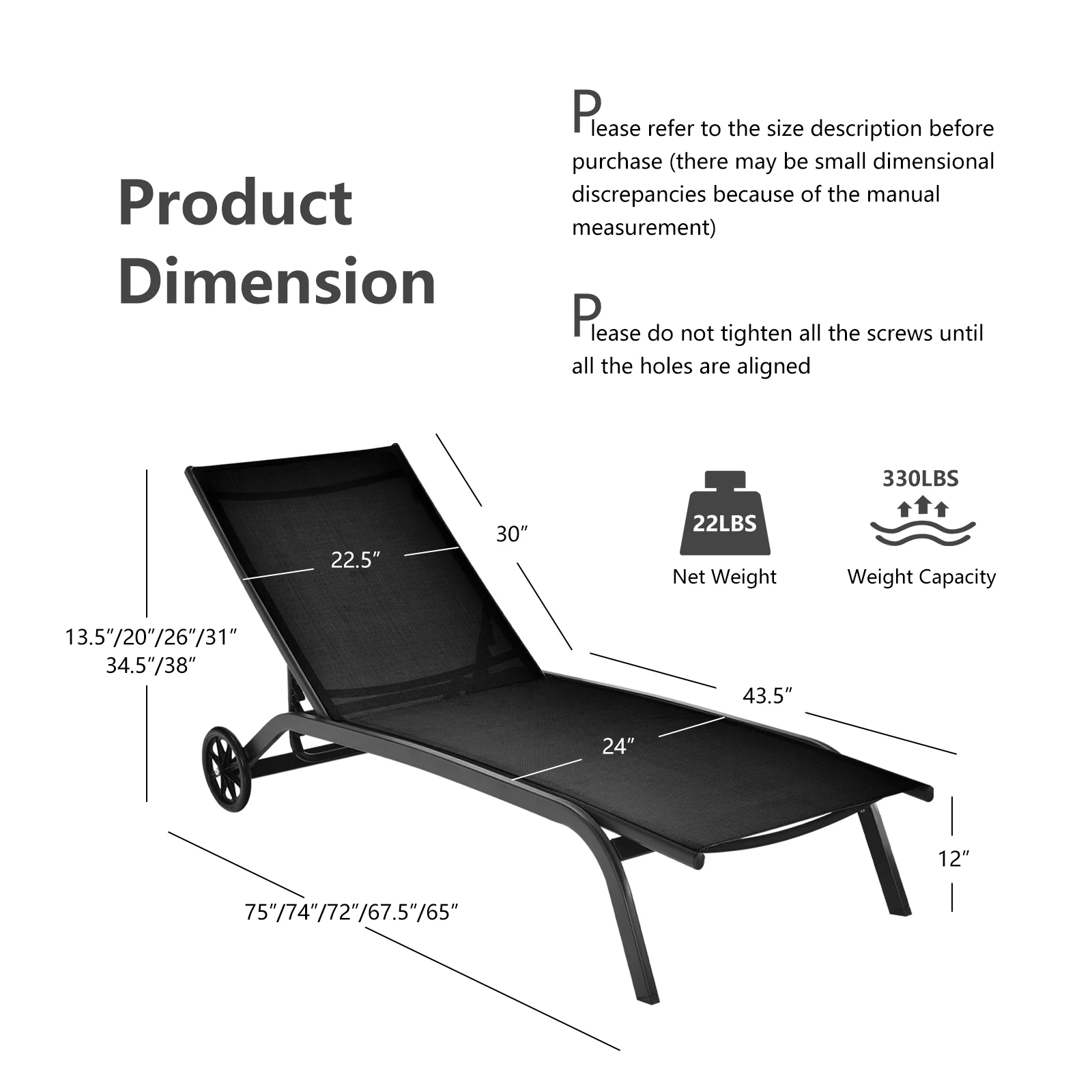 6-Position Adjustable Outdoor Chaise Recliner With Wheels, Black - Image 6