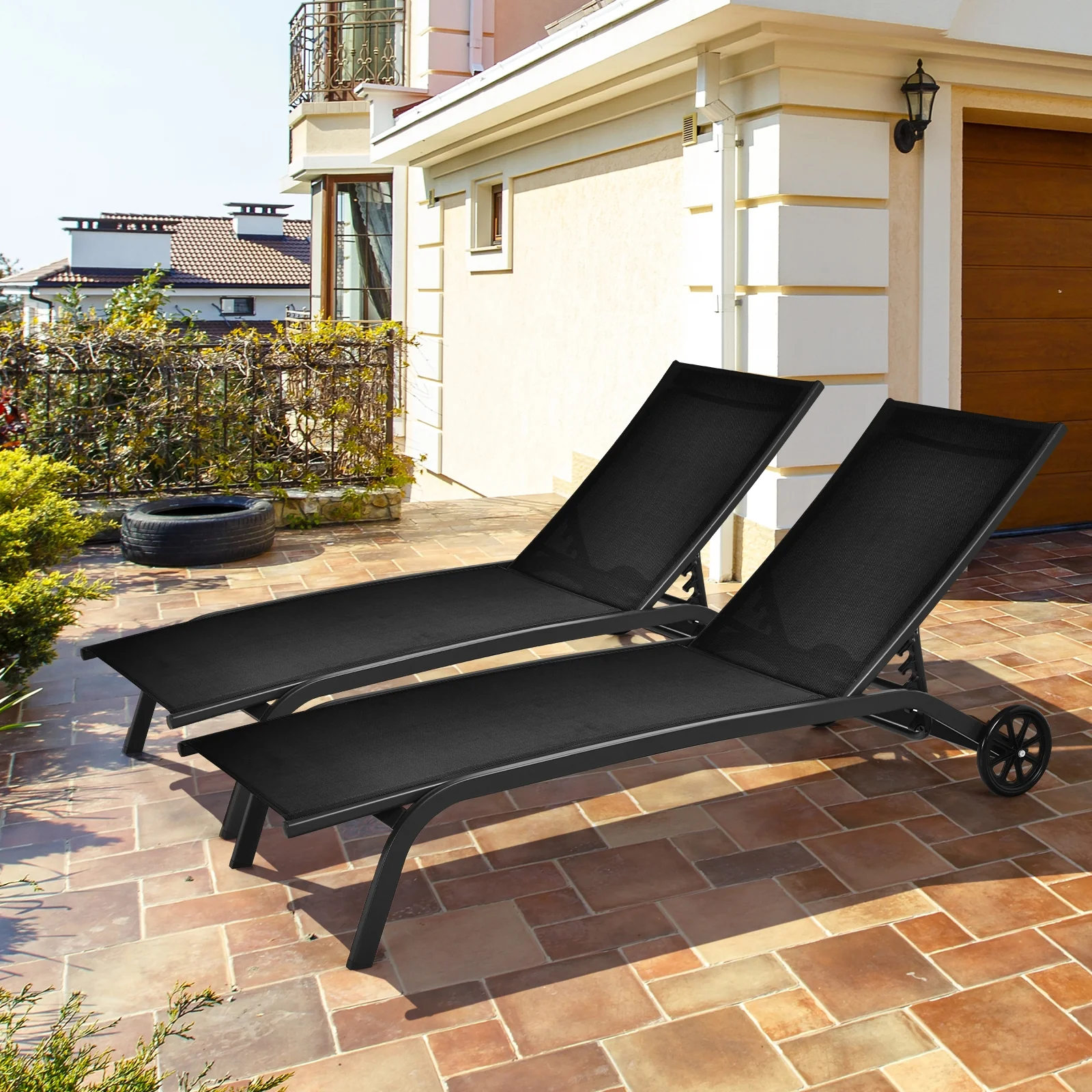6-Position Adjustable Outdoor Chaise Recliner With Wheels, Black - Image 7