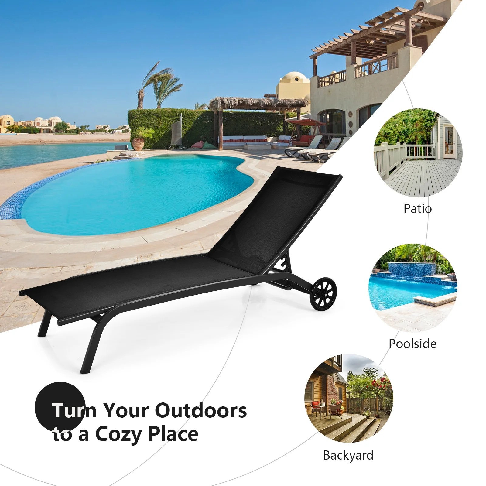 6-Position Adjustable Outdoor Chaise Recliner With Wheels, Black - Image 9
