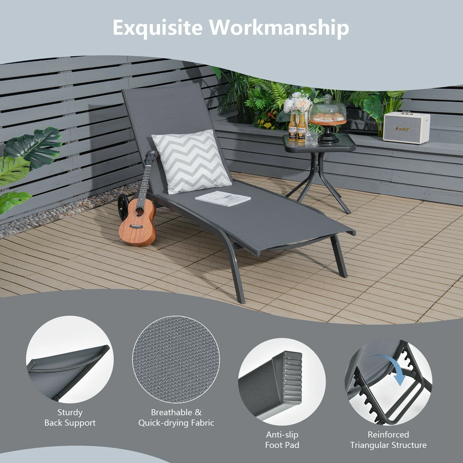 6-Position Adjustable Outdoor Chaise Recliner With Wheels, Gray - Image 3