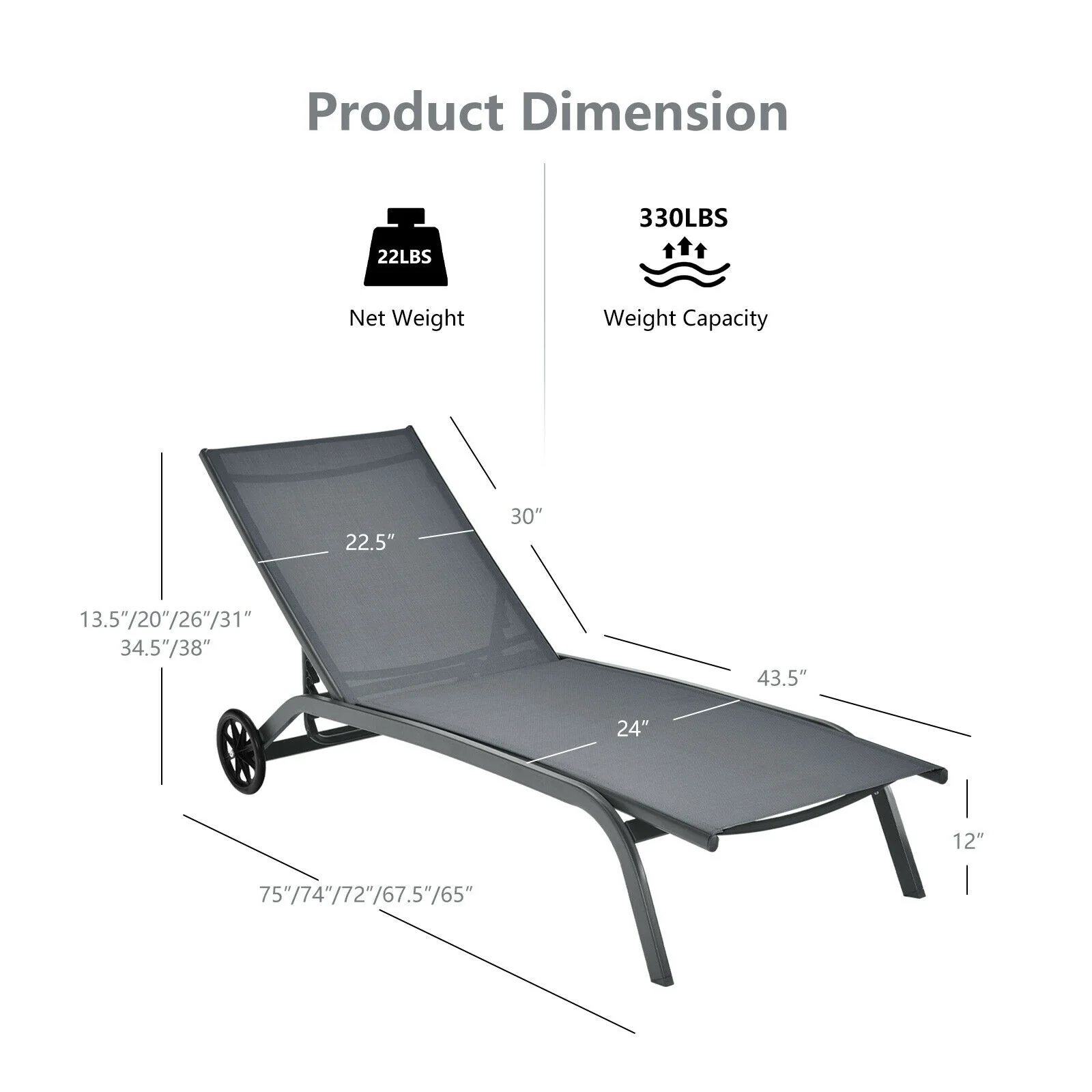 6-Position Adjustable Outdoor Chaise Recliner With Wheels, Gray - Image 5