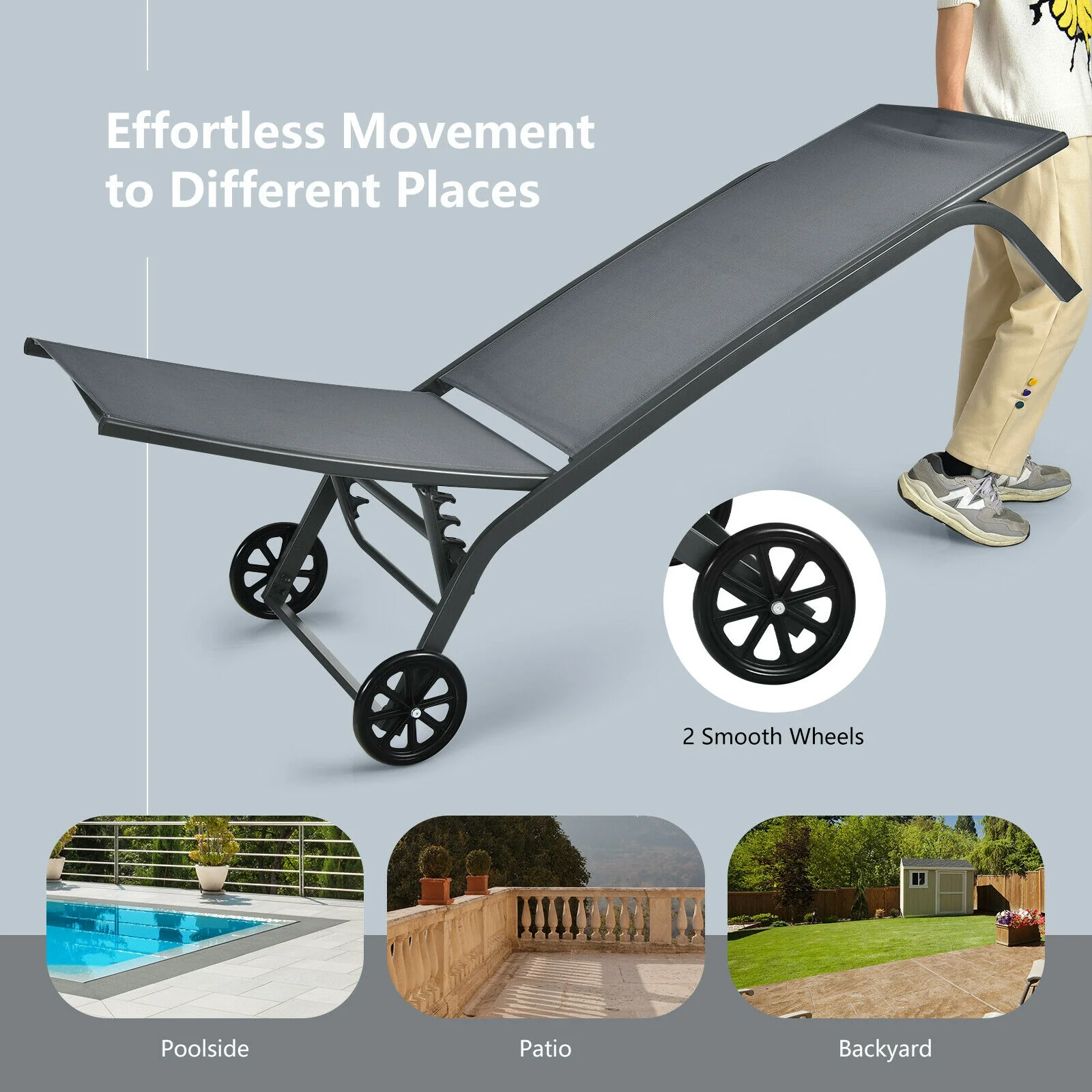6-Position Adjustable Outdoor Chaise Recliner With Wheels, Gray - Image 6