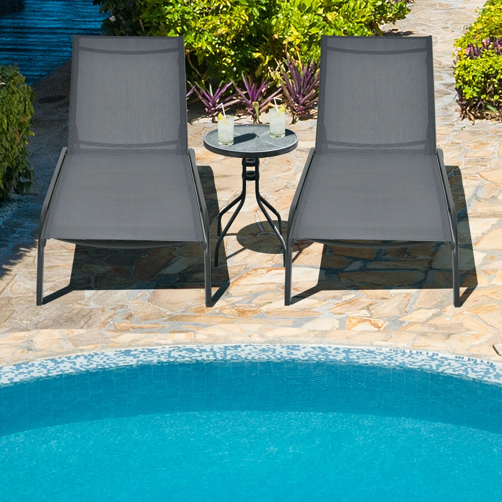 6-Position Adjustable Outdoor Chaise Recliner With Wheels, Gray - Image 8