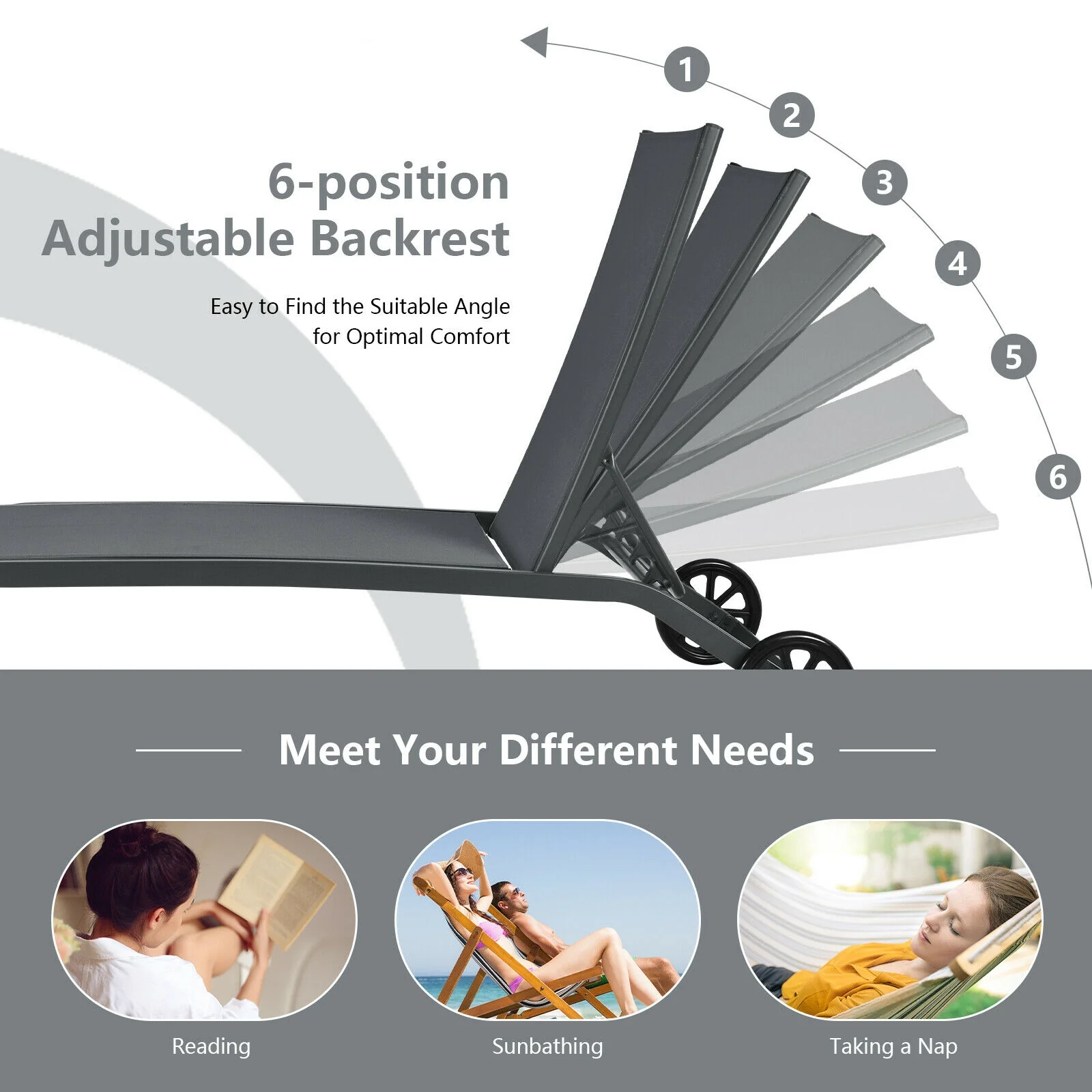 6-Position Adjustable Outdoor Chaise Recliner With Wheels, Gray - Image 9