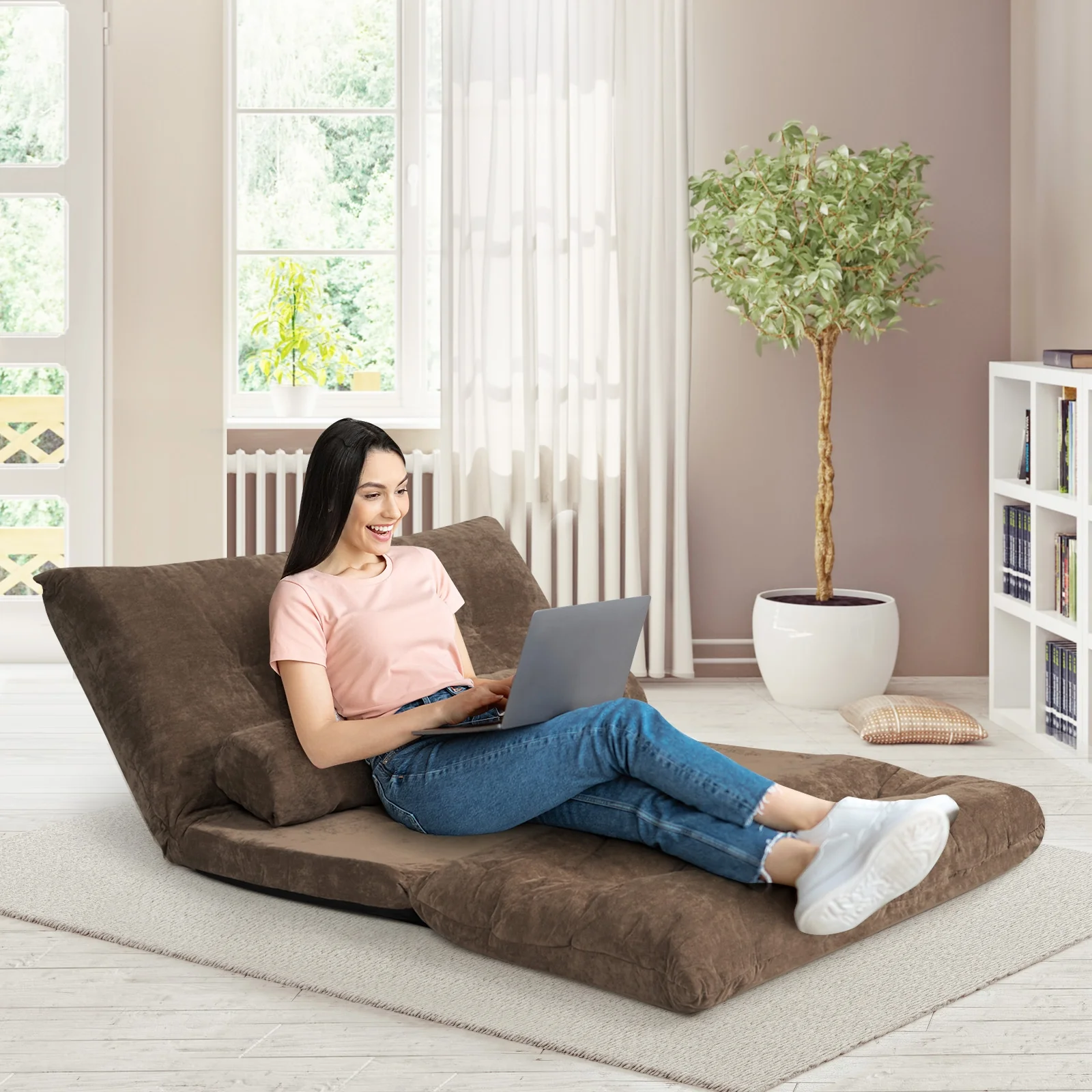 6-Position Adjustable Sleeper Lounge Couch, 2 Pillows, Brown - Image 2