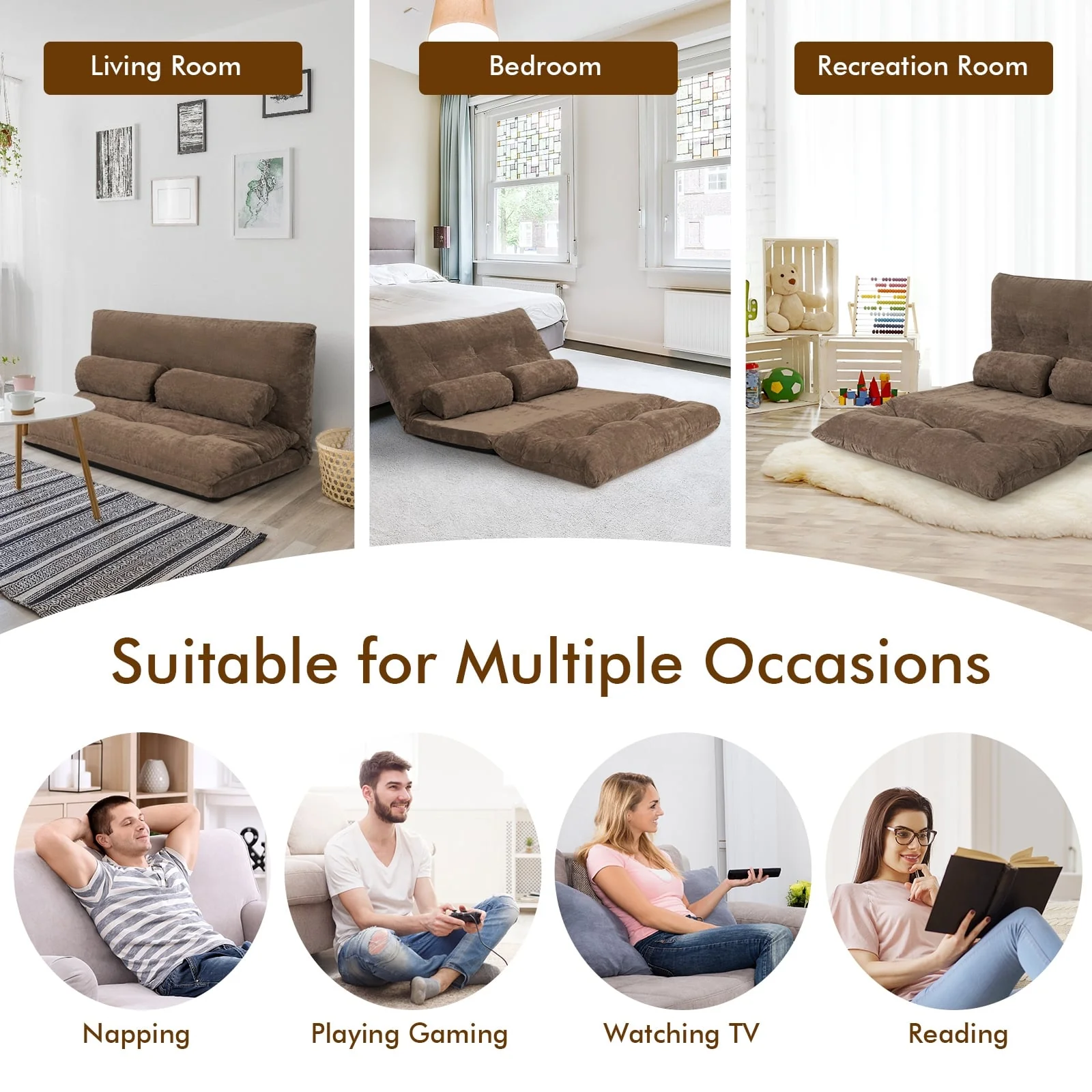 6-Position Adjustable Sleeper Lounge Couch, 2 Pillows, Brown - Image 3