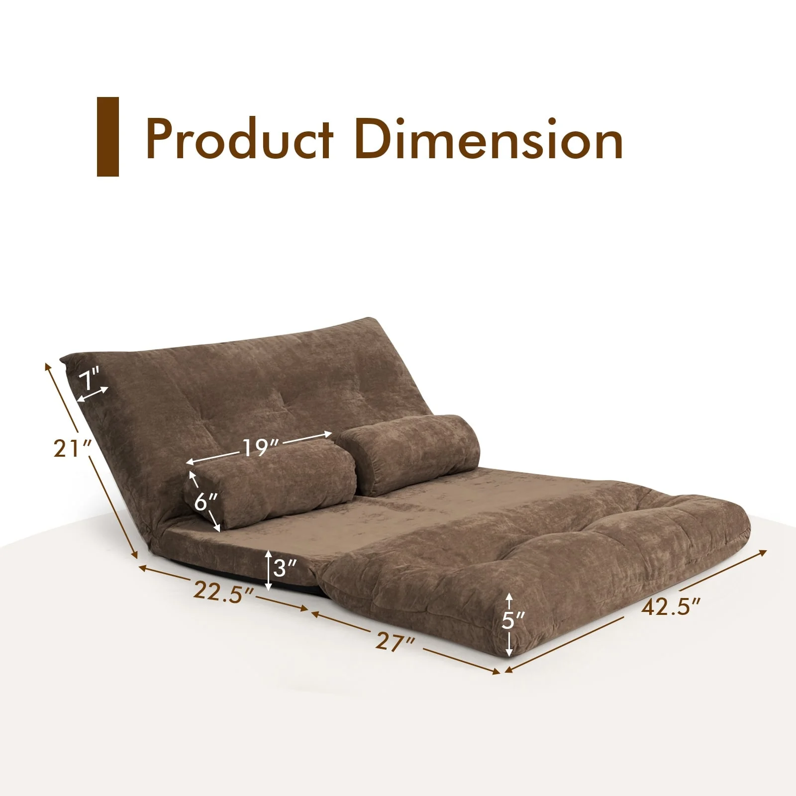 6-Position Adjustable Sleeper Lounge Couch, 2 Pillows, Brown - Image 4