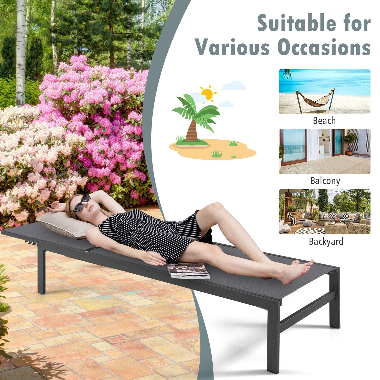 6-Position Chaise Lounge Chair, Rustproof Aluminium Frame, Gray - Image 10