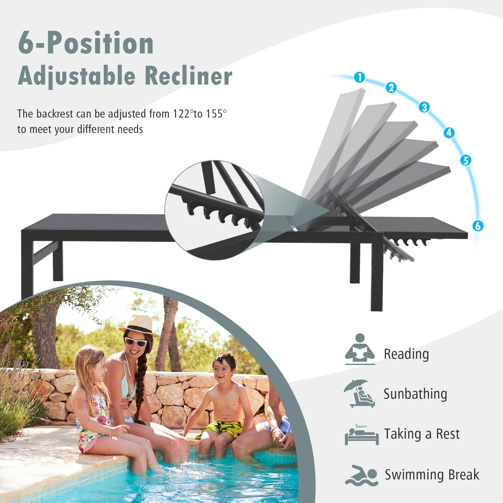 6-Position Chaise Lounge Chair, Rustproof Aluminium Frame, Gray - Image 4