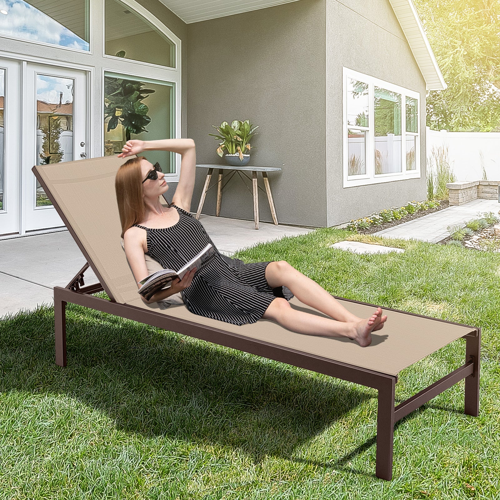6-Position Chaise Lounge, Rustproof Aluminium Frame, Brown - Image 2
