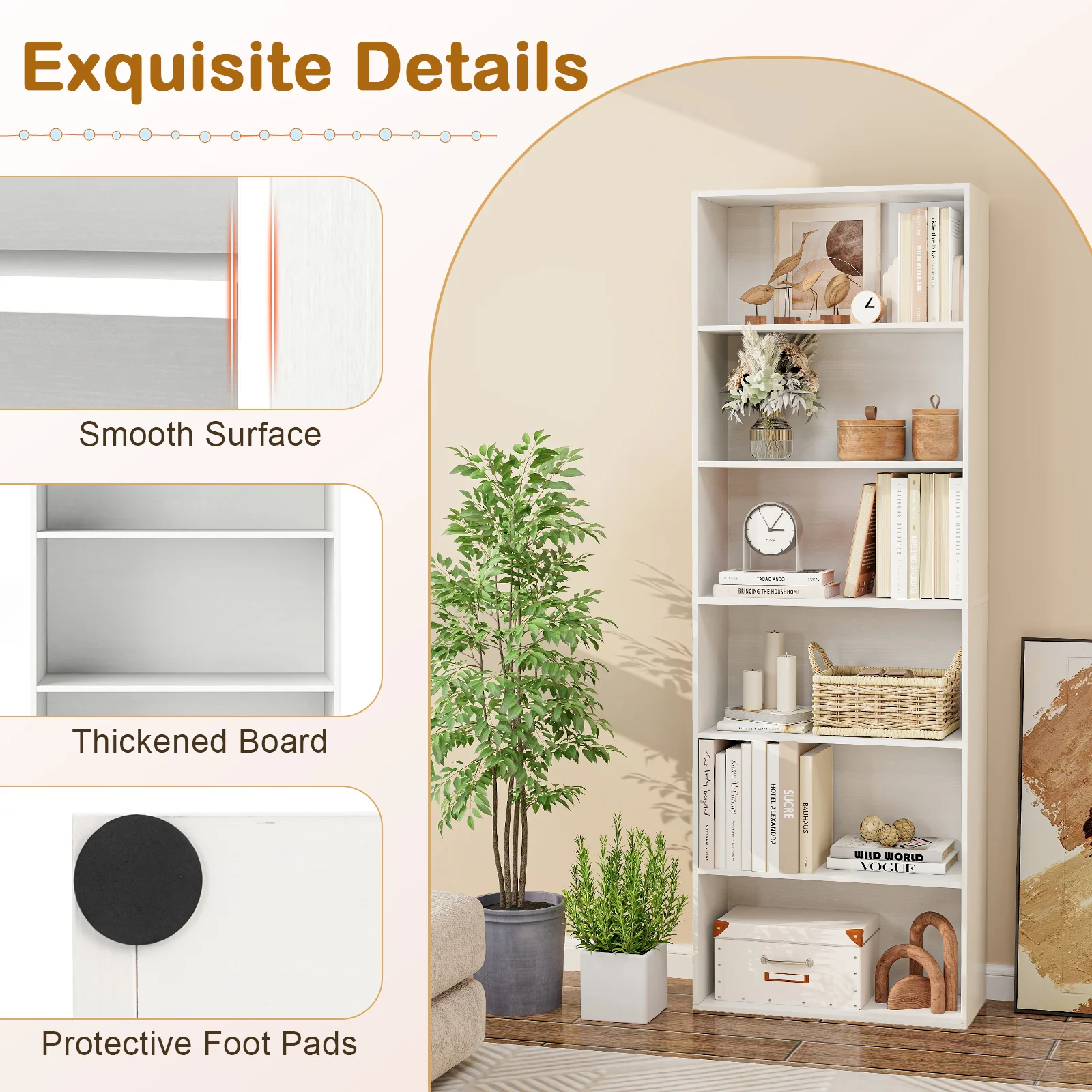 6-Tier Bookcase, 6 Open Shelves, Anti-Toppling Kits, White - Image 7