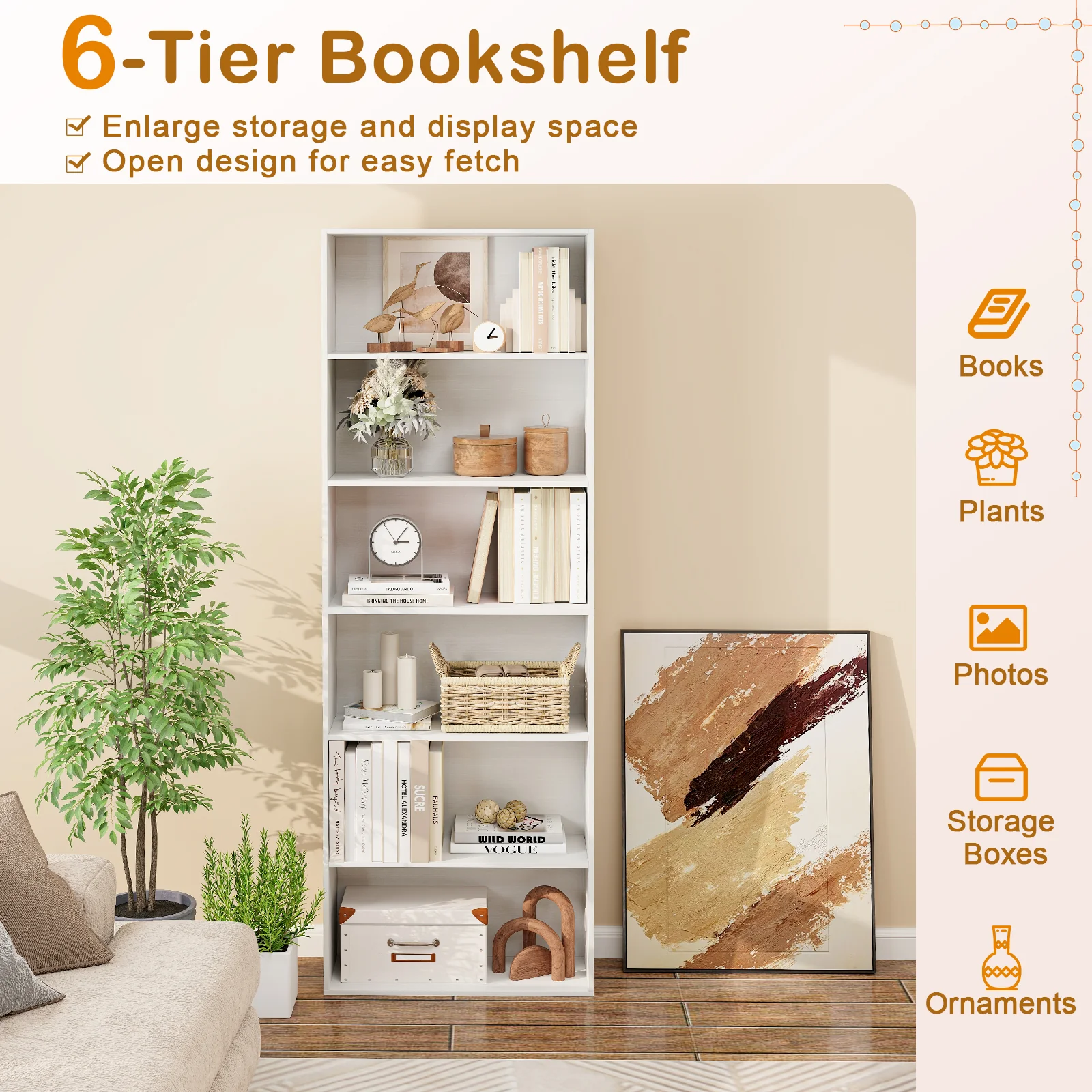 6-Tier Bookcase, 6 Open Shelves, Anti-Toppling Kits, White - Image 8