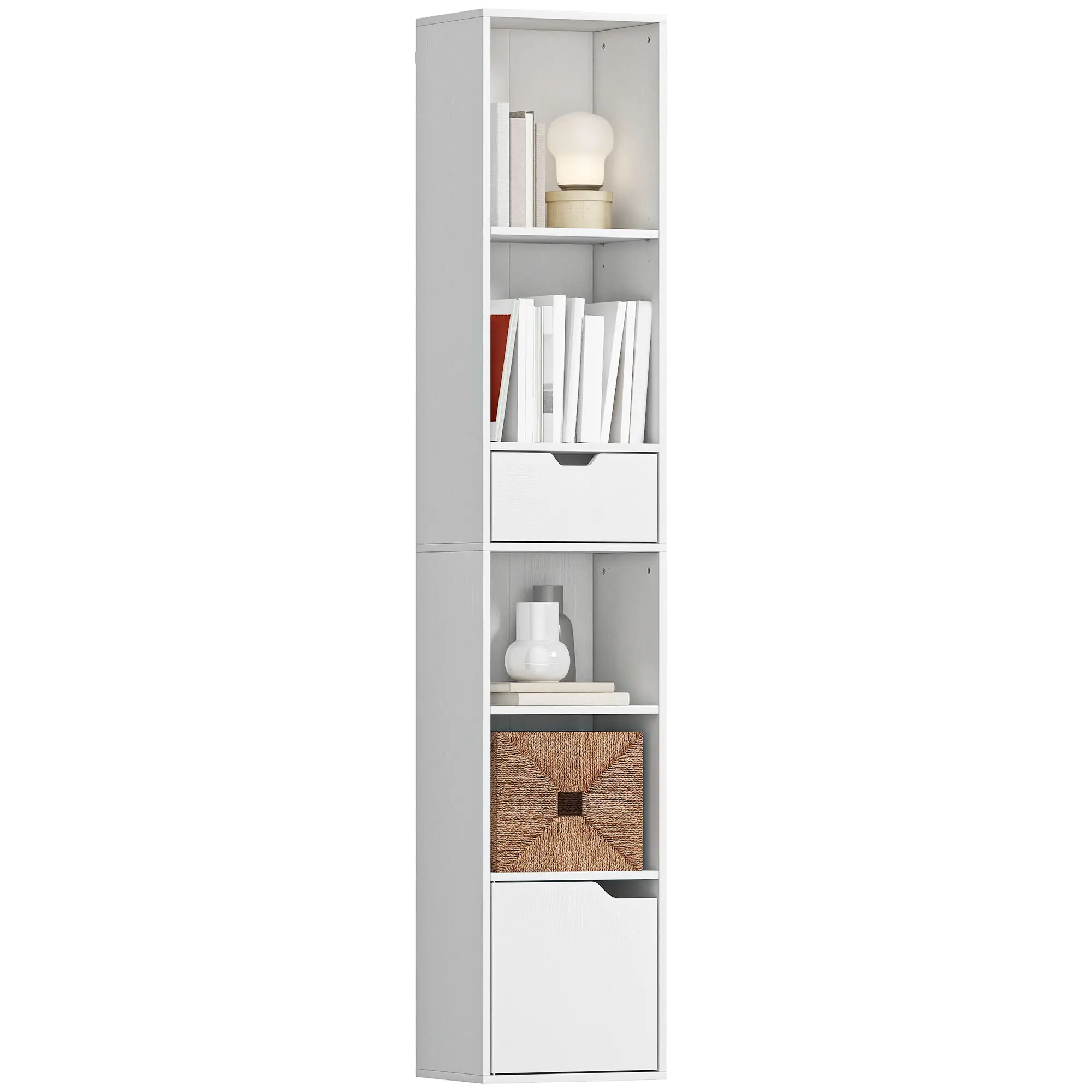6-Tier Bookcase, Tall Narrow Bookshelf with Drawer and Door, White - Image 10
