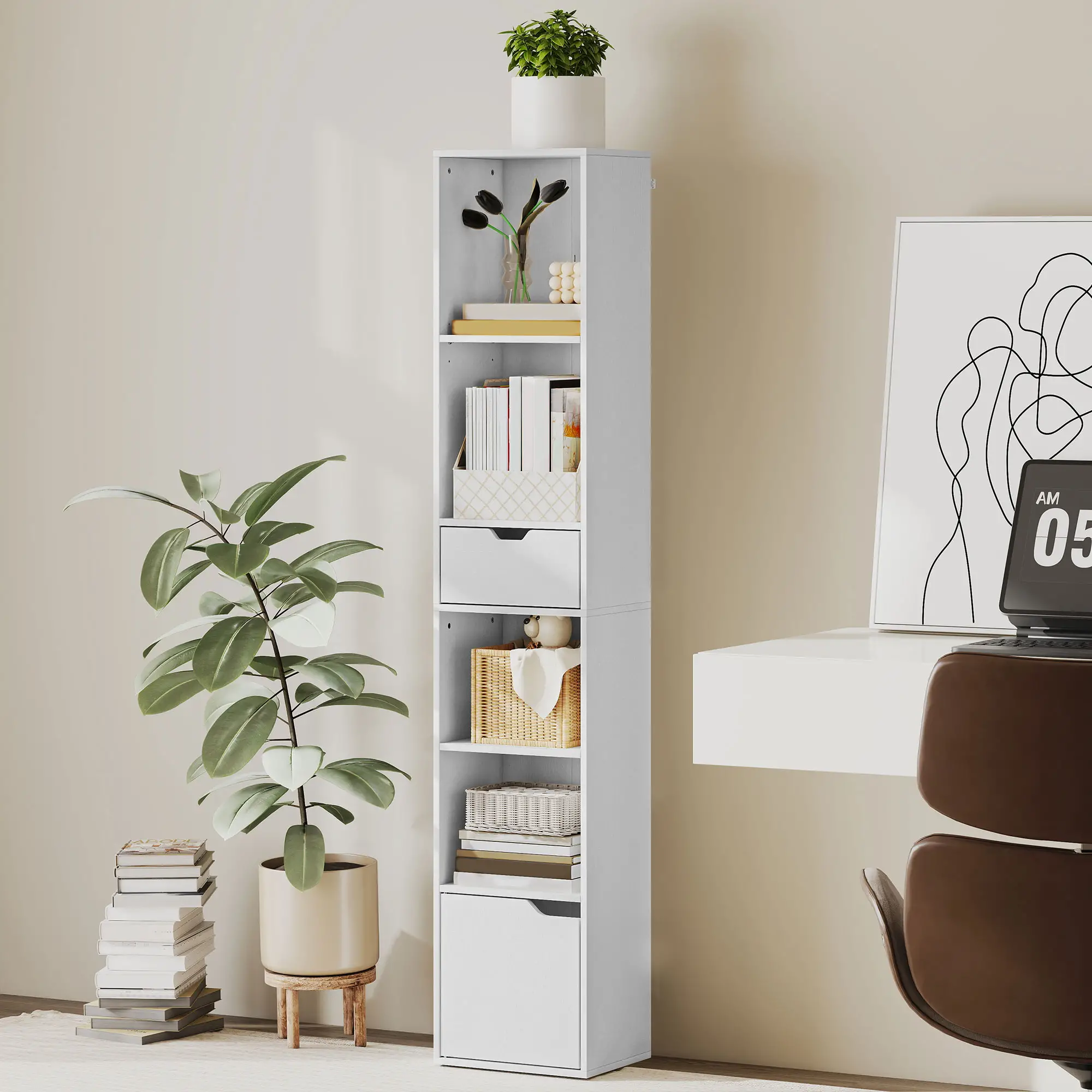 6-Tier Bookcase, Tall Narrow Bookshelf with Drawer and Door, White - Image 2