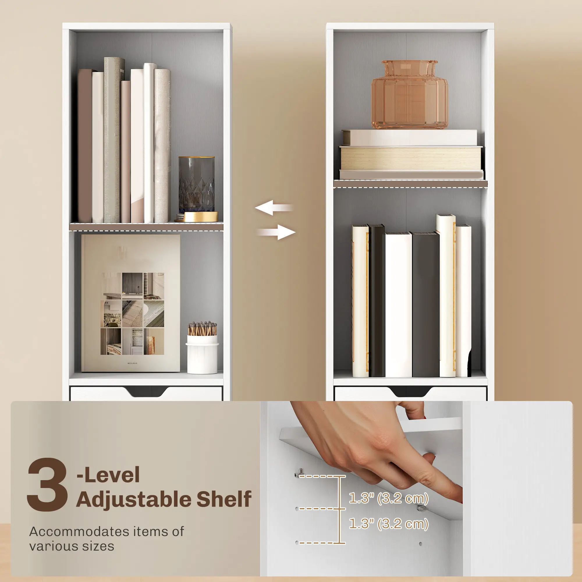 6-Tier Bookcase, Tall Narrow Bookshelf with Drawer and Door, White - Image 4