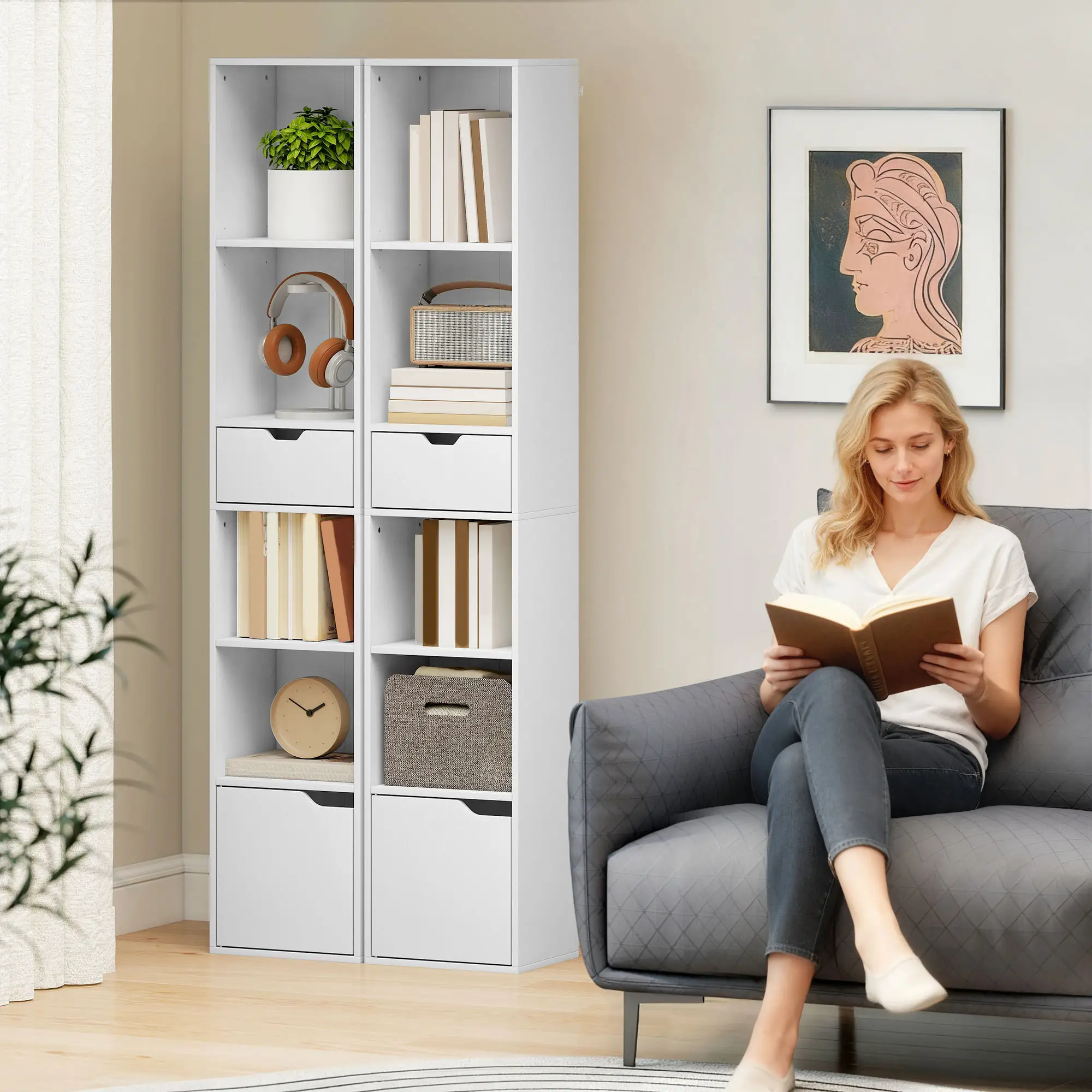 6-Tier Bookcase, Tall Narrow Bookshelf with Drawer and Door, White - Image 6
