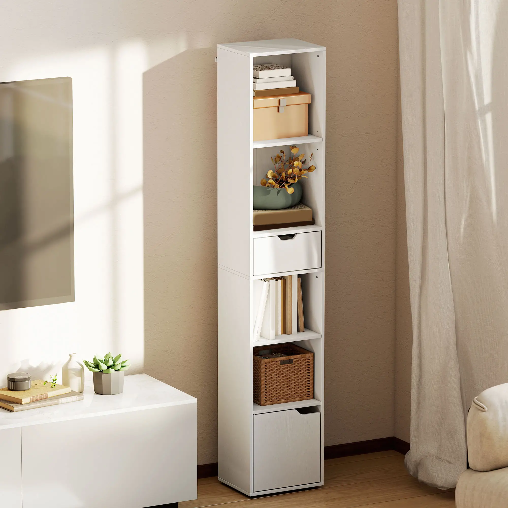 6-Tier Bookcase, Tall Narrow Bookshelf with Drawer and Door, White - Image 7