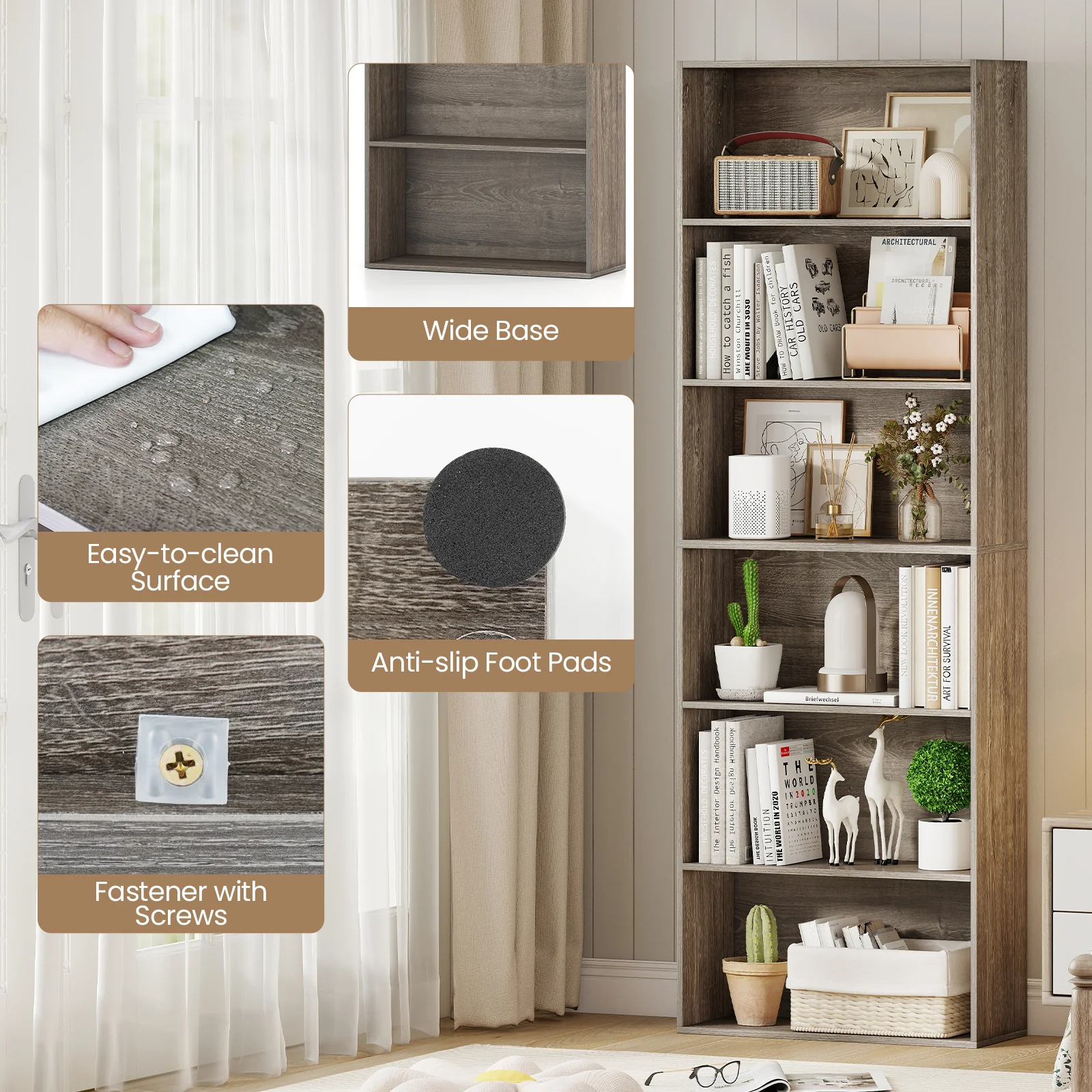 6-Tier Bookcase with 6 Open Shelves and Anti-Toppling Kits, Gray - Image 10
