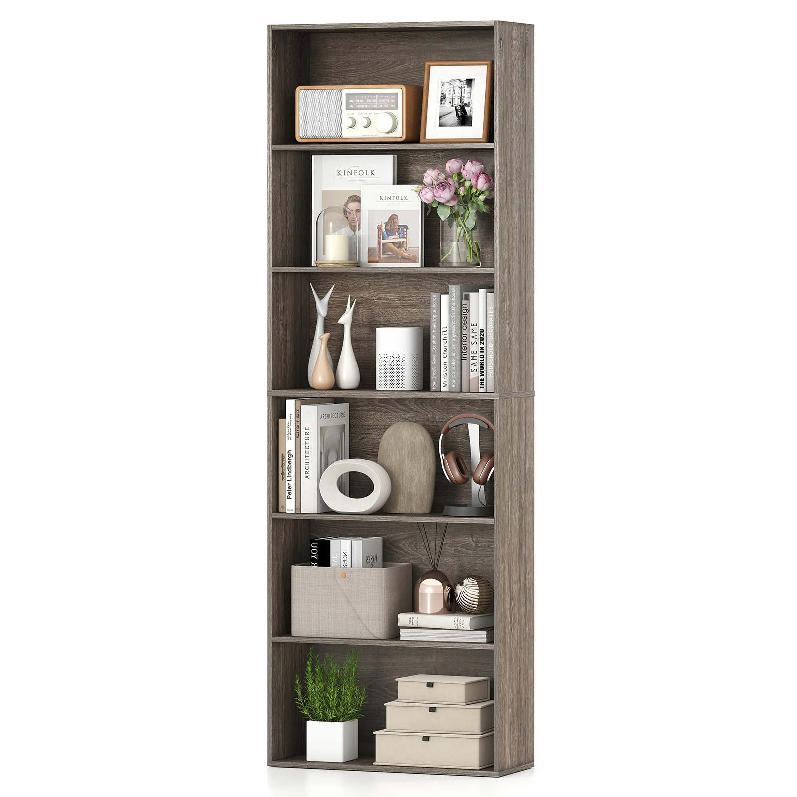 6-Tier Bookcase with 6 Open Shelves and Anti-Toppling Kits, Gray - Image 4