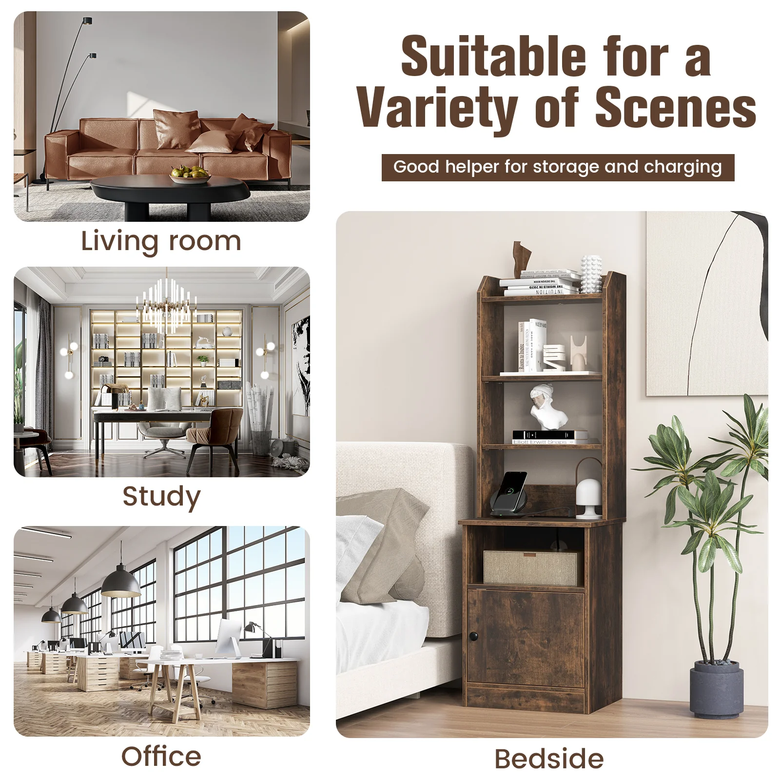 6-Tier Bookshelf Nightstand, Charging Station, Cabinet, Brown - Image 10