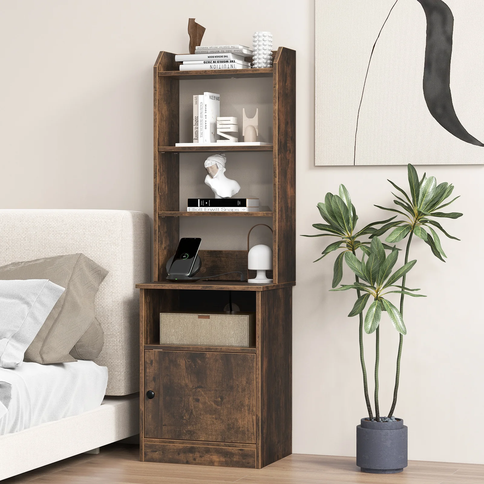 6-Tier Bookshelf Nightstand, Charging Station, Cabinet, Brown - Image 2