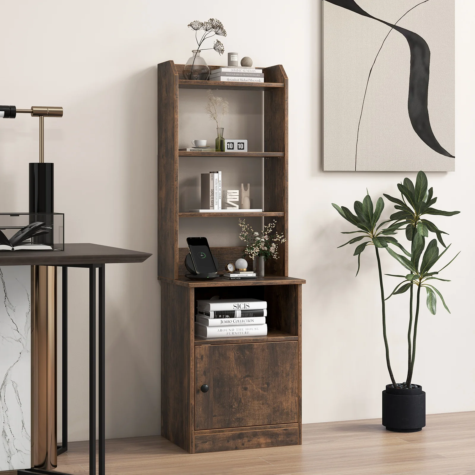 6-Tier Bookshelf Nightstand, Charging Station, Cabinet, Brown - Image 3
