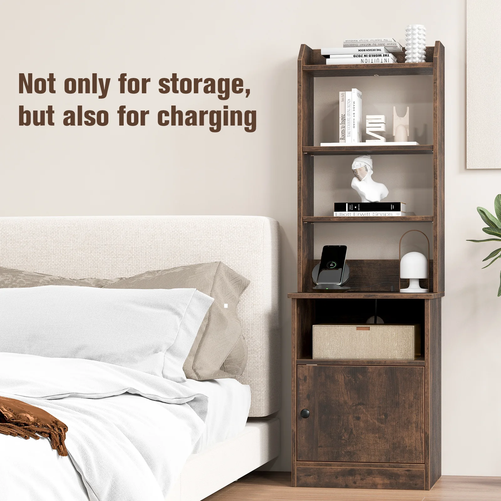 6-Tier Bookshelf Nightstand, Charging Station, Cabinet, Brown - Image 6