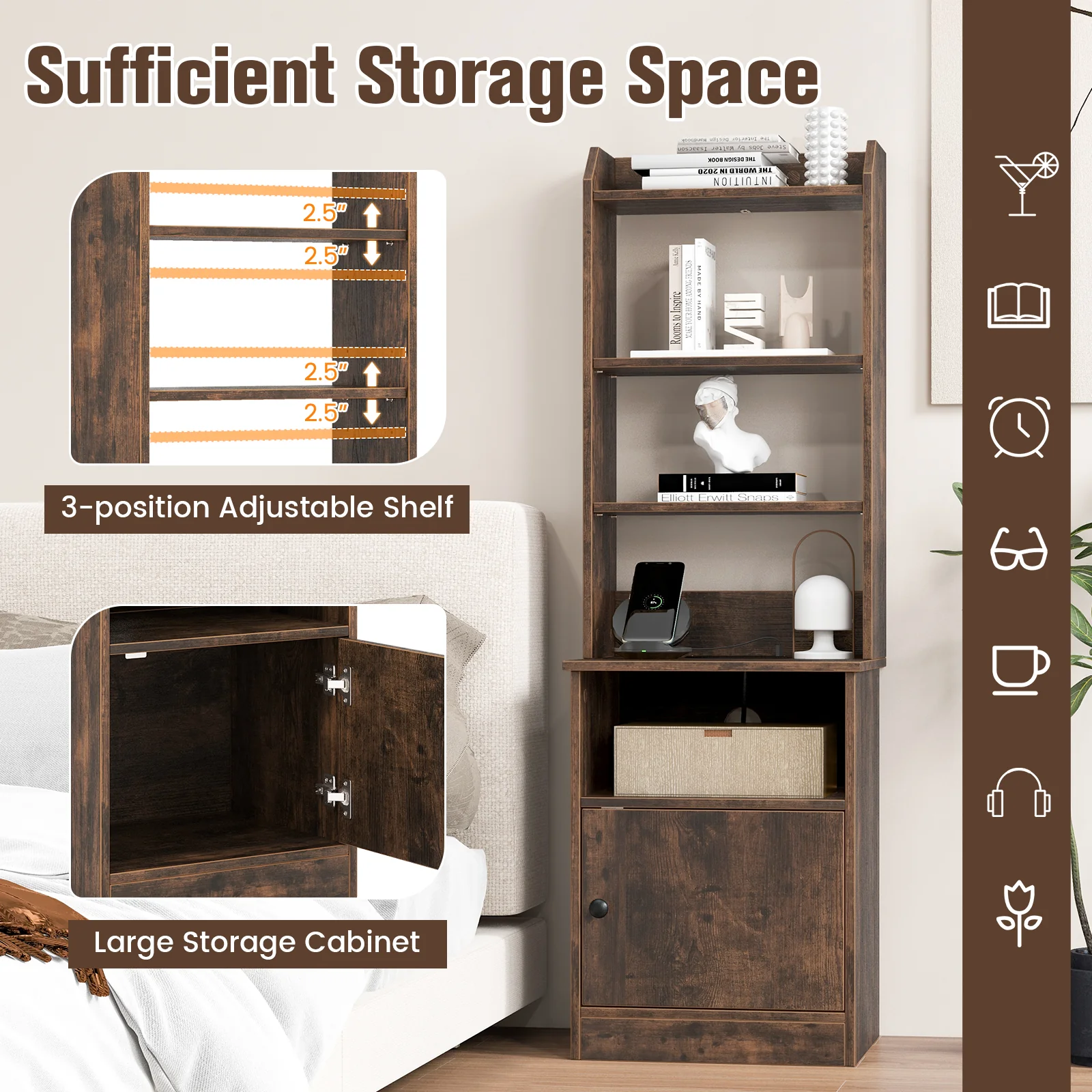 6-Tier Bookshelf Nightstand, Charging Station, Cabinet, Brown - Image 7