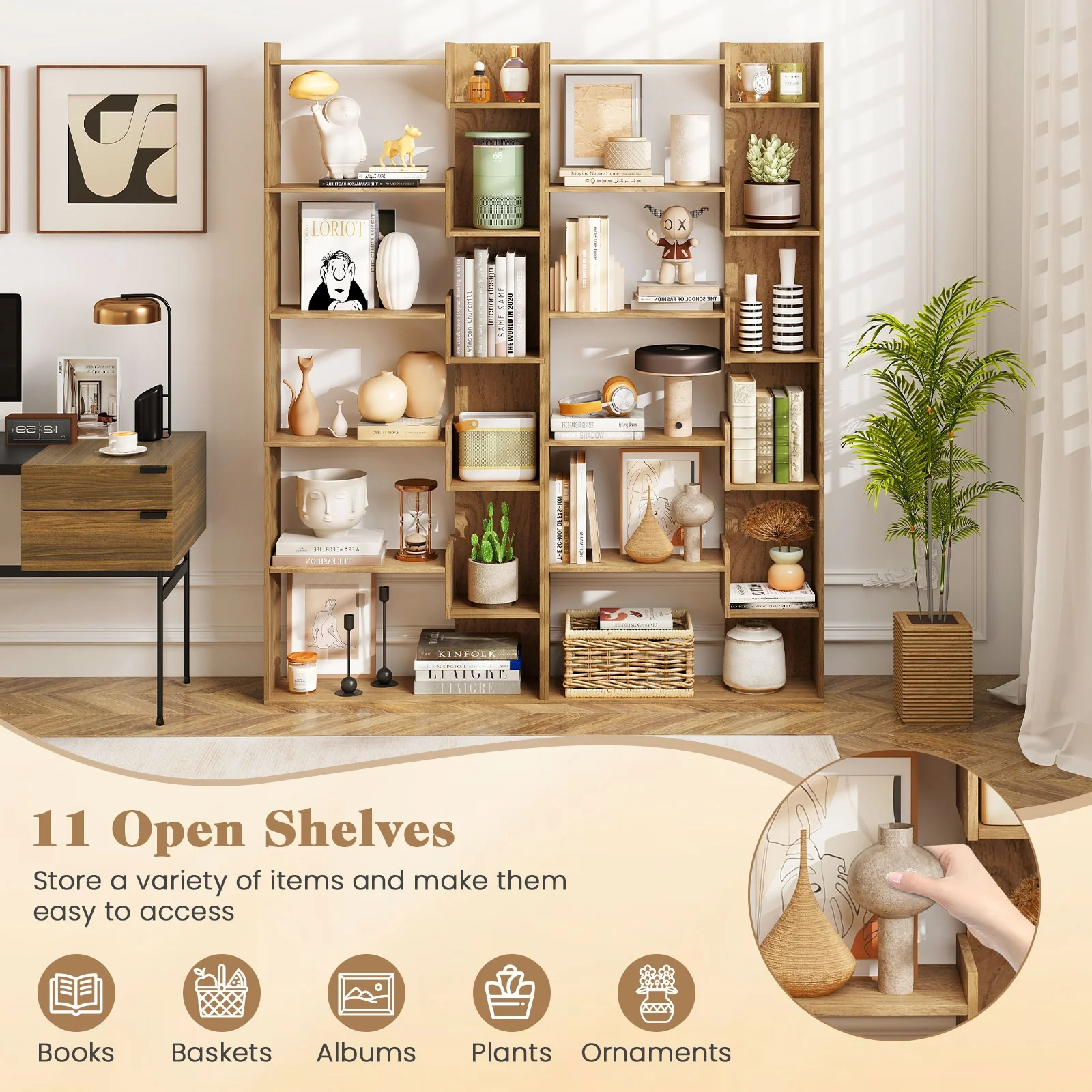 6-Tier Bookshelf, Wooden Bookcase, 2 Anti-Tipping Kits, Natural - Image 8