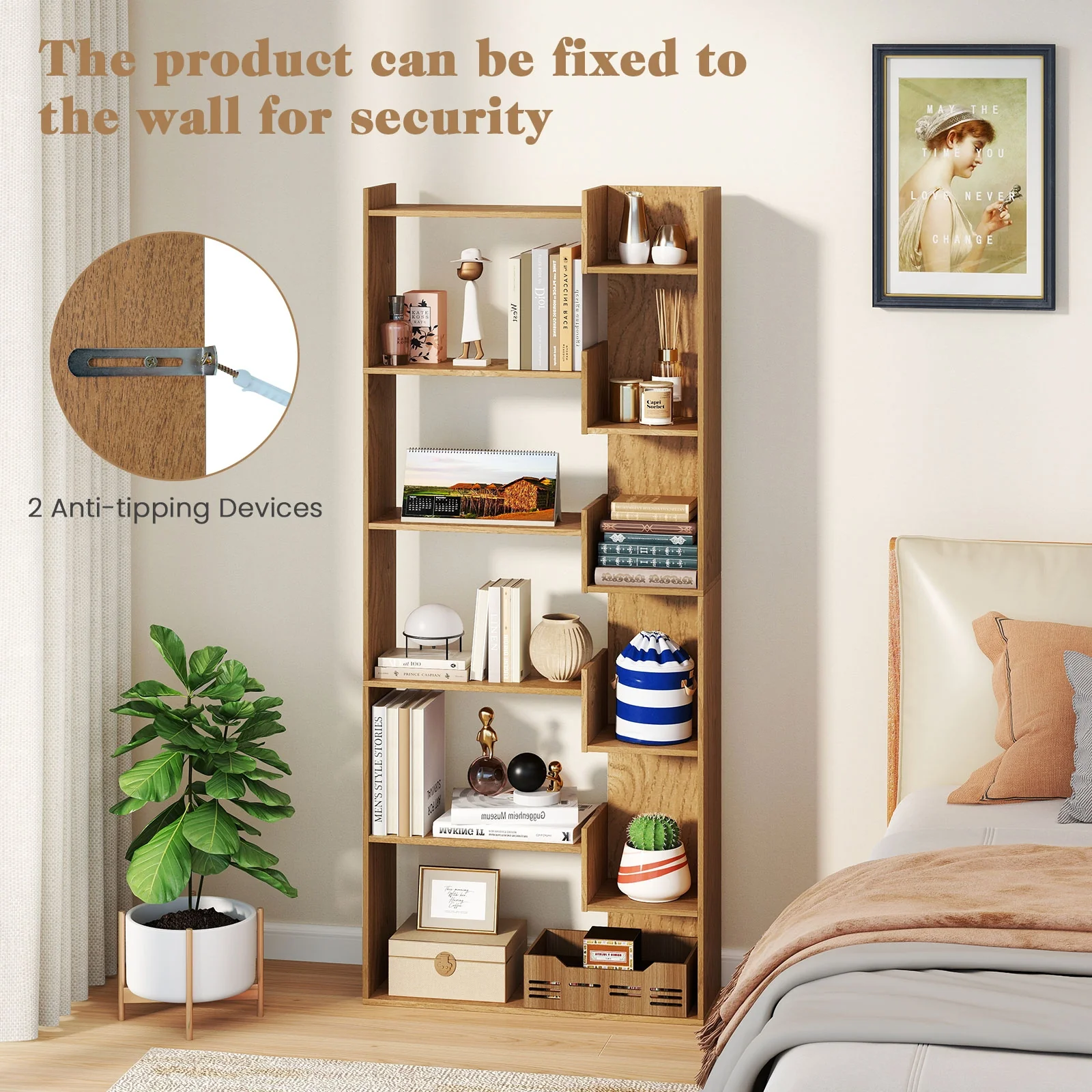 6-Tier Bookshelf, Wooden Bookcase, 2 Anti-Tipping Kits, Natural - Image 9