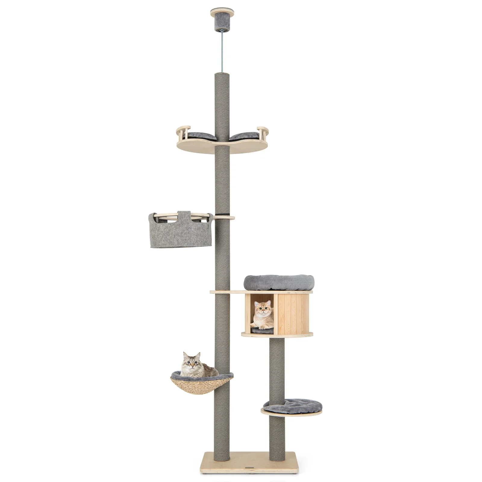 6-Tier Floor-To-Ceiling Cat Tree, 100-110 Inches Adjustable Height, Natural