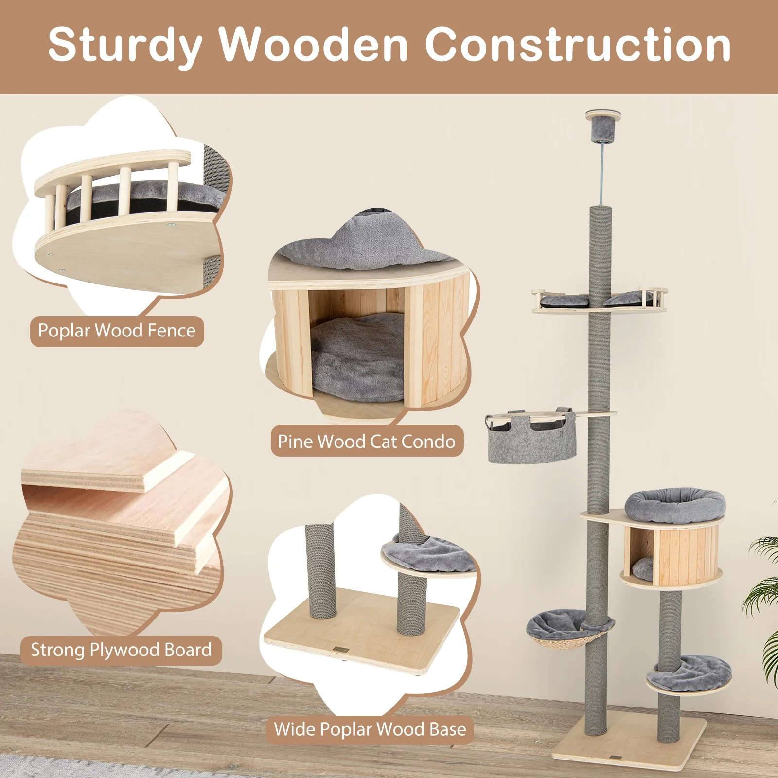 6-Tier Floor-To-Ceiling Cat Tree, 100-110 Inches Adjustable Height, Natural - Image 6