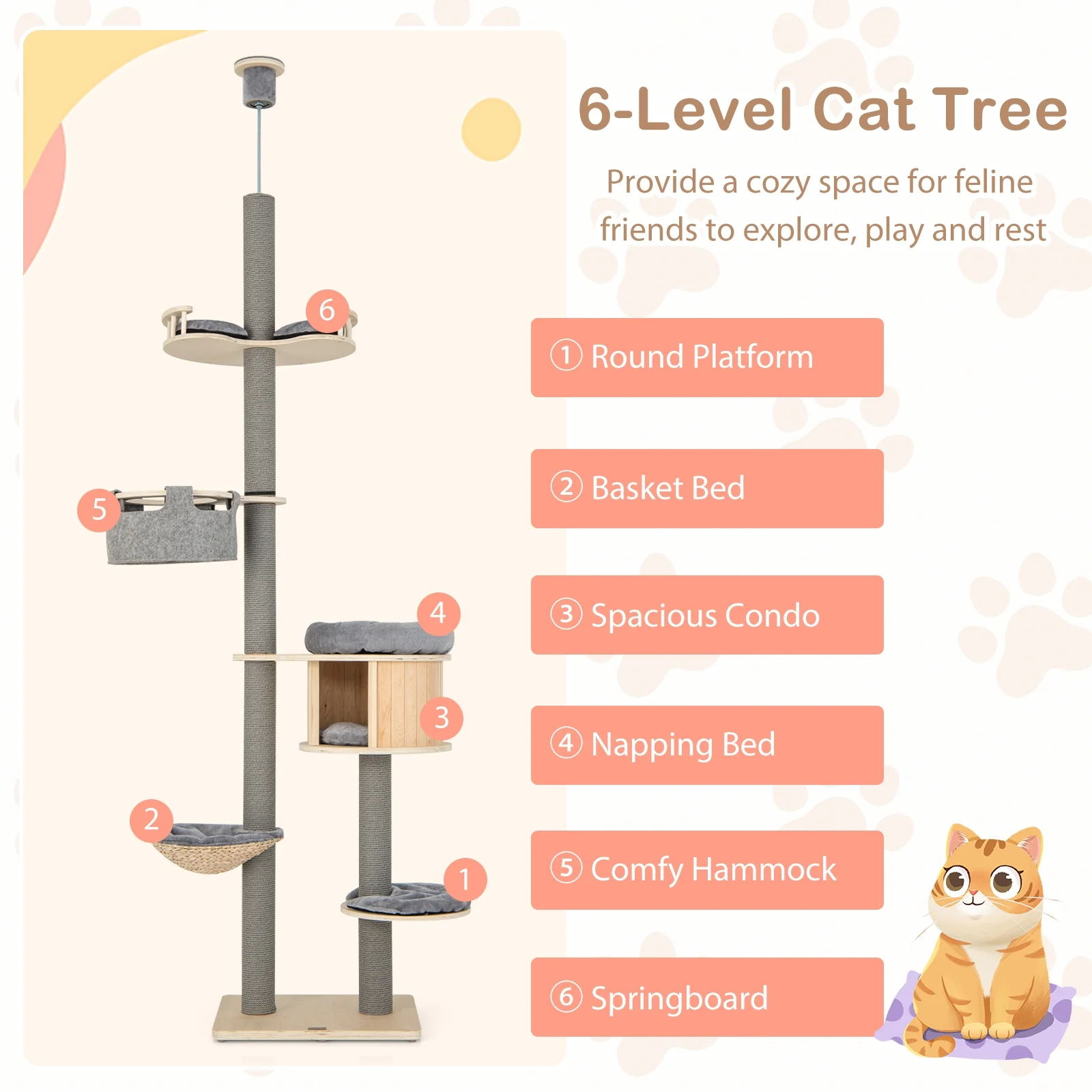 6-Tier Floor-To-Ceiling Cat Tree, 100-110 Inches Adjustable Height, Natural - Image 8