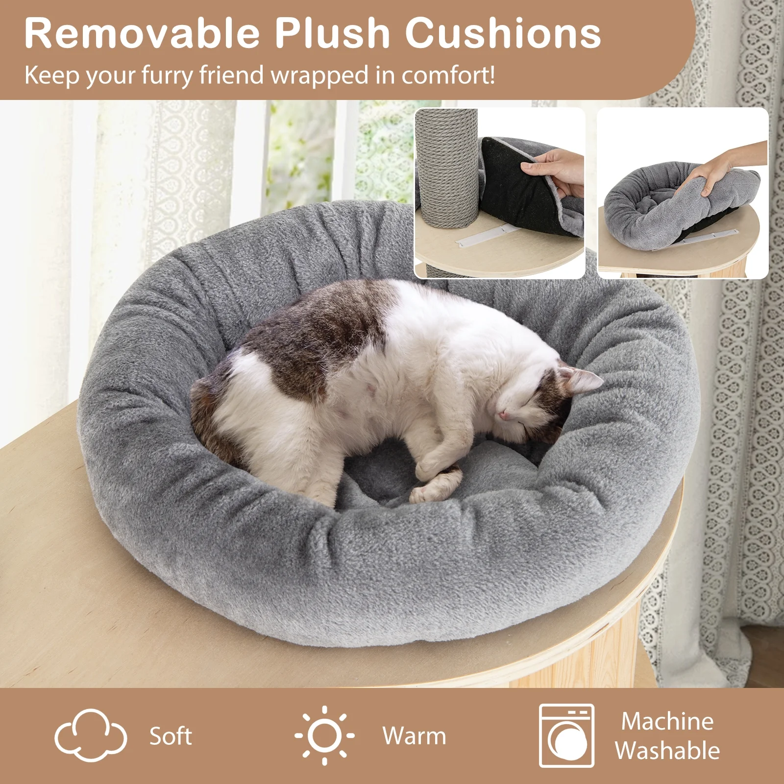 6-Tier Floor-To-Ceiling Cat Tree, 100-110 Inches Adjustable Height, Natural - Image 9