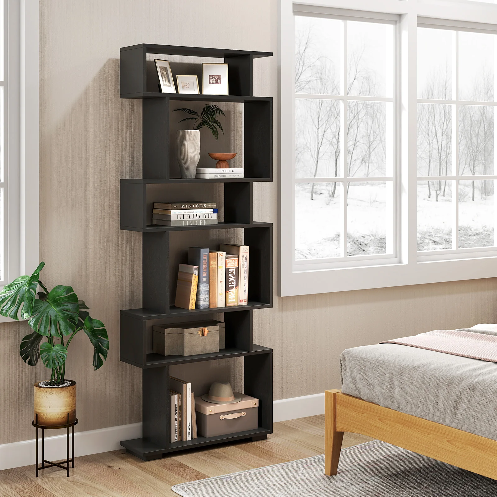 6-Tier Geometric Bookshelf, 2 Anti-Tipping Kits, Black - Image 3
