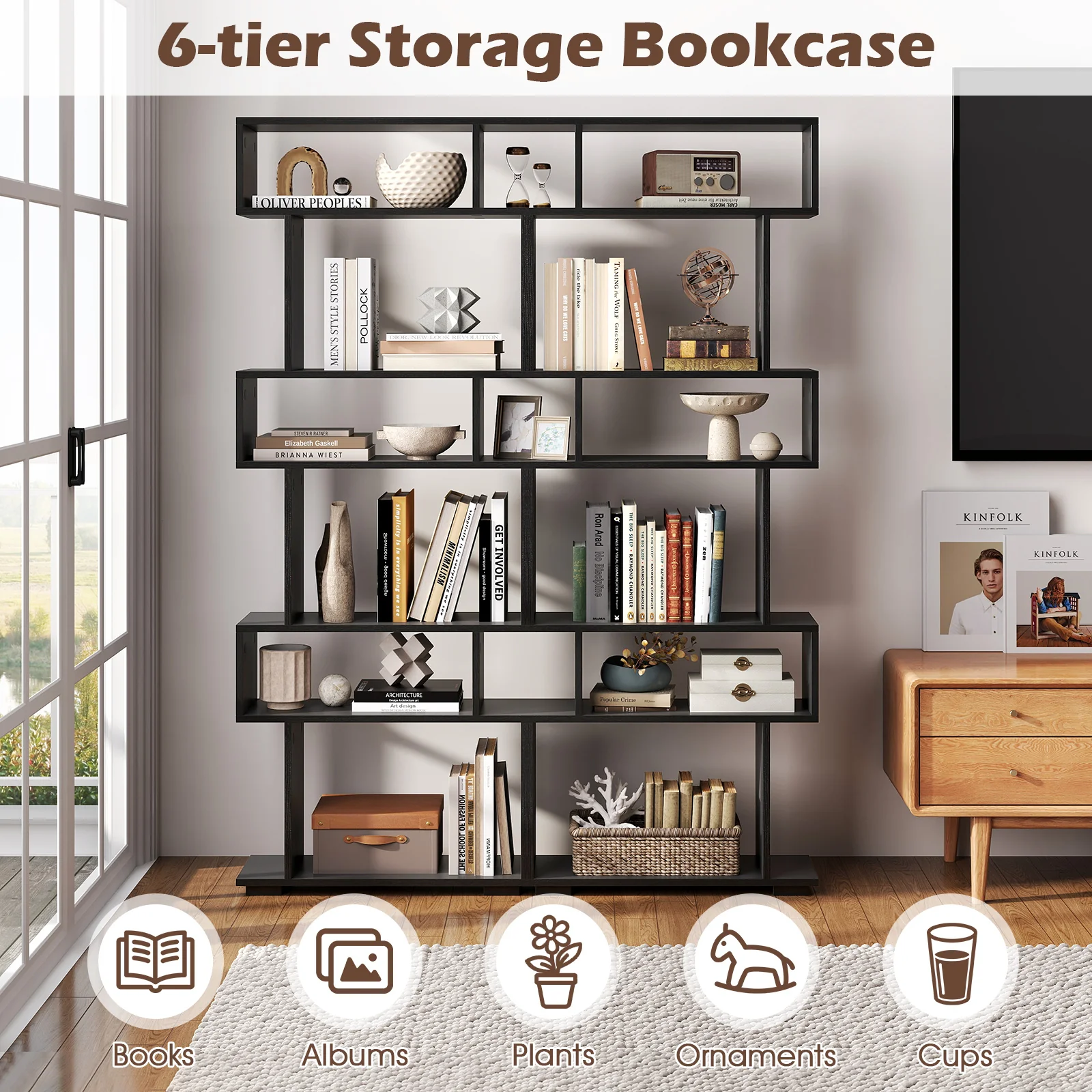 6-Tier Geometric Bookshelf, 2 Anti-Tipping Kits, Black - Image 8