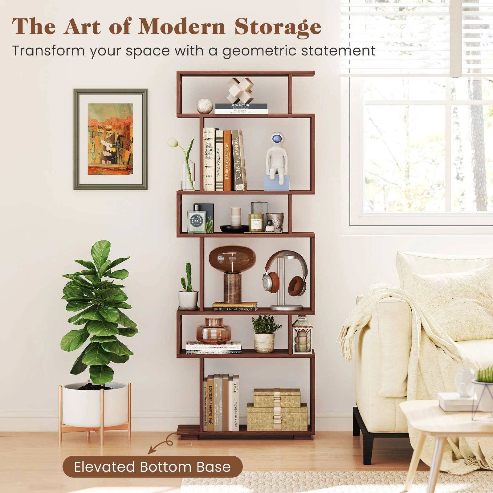 6-Tier Geometric Bookshelf, Walnut, 2 Anti-Tipping Kits - Image 10