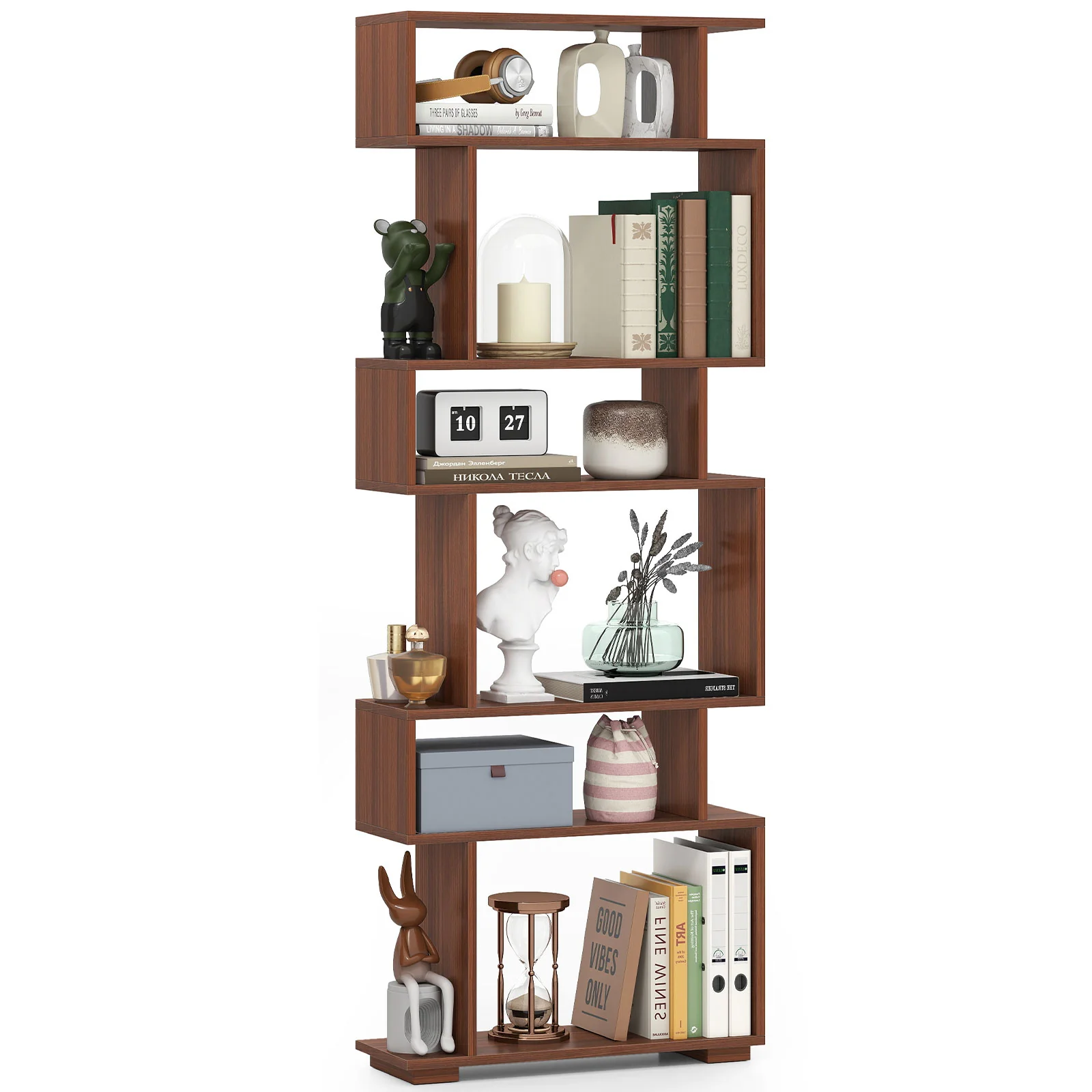 6-Tier Geometric Bookshelf, Walnut, 2 Anti-Tipping Kits - Image 5