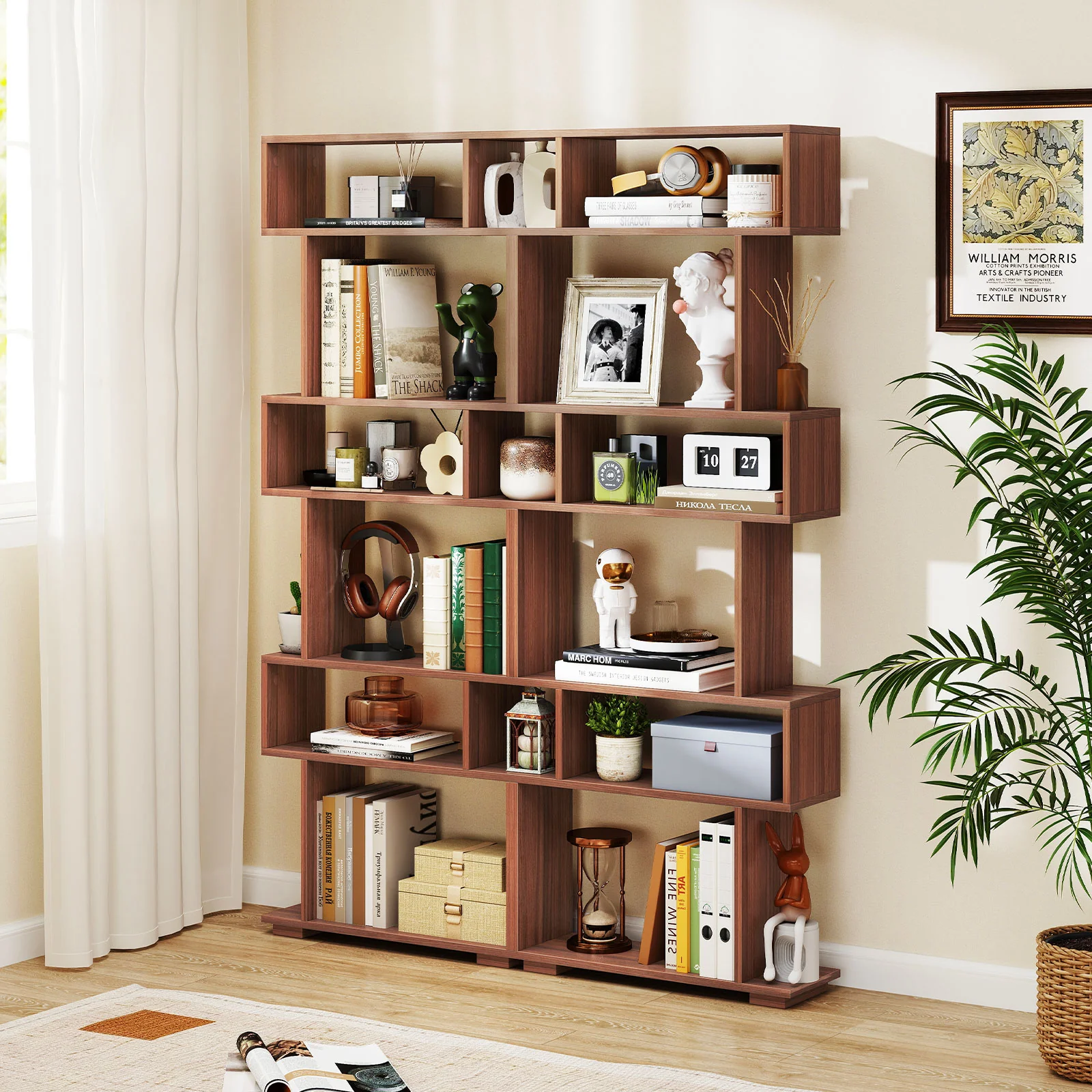 6-Tier Geometric Bookshelf, Walnut, 2 Anti-Tipping Kits - Image 7