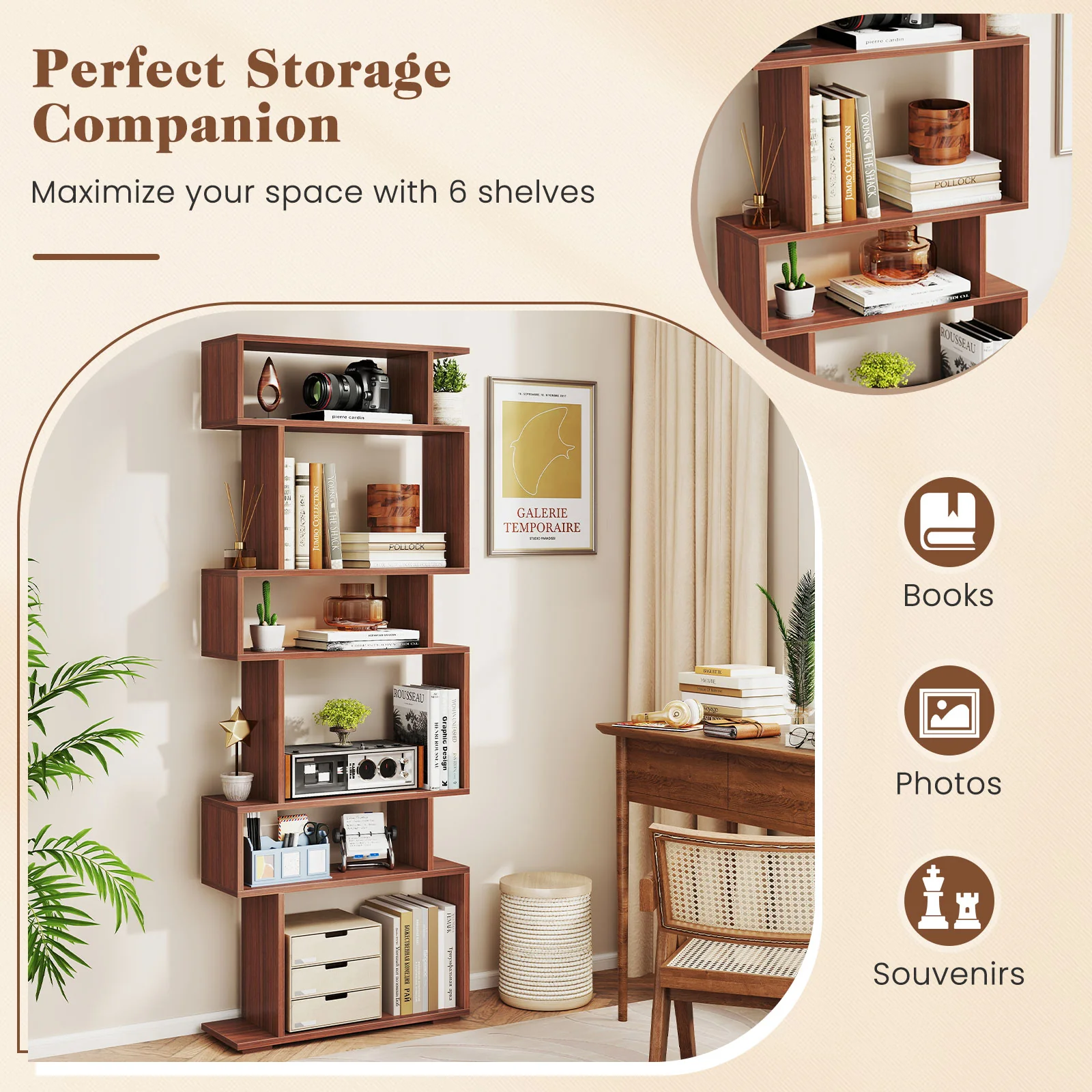 6-Tier Geometric Bookshelf, Walnut, 2 Anti-Tipping Kits - Image 8