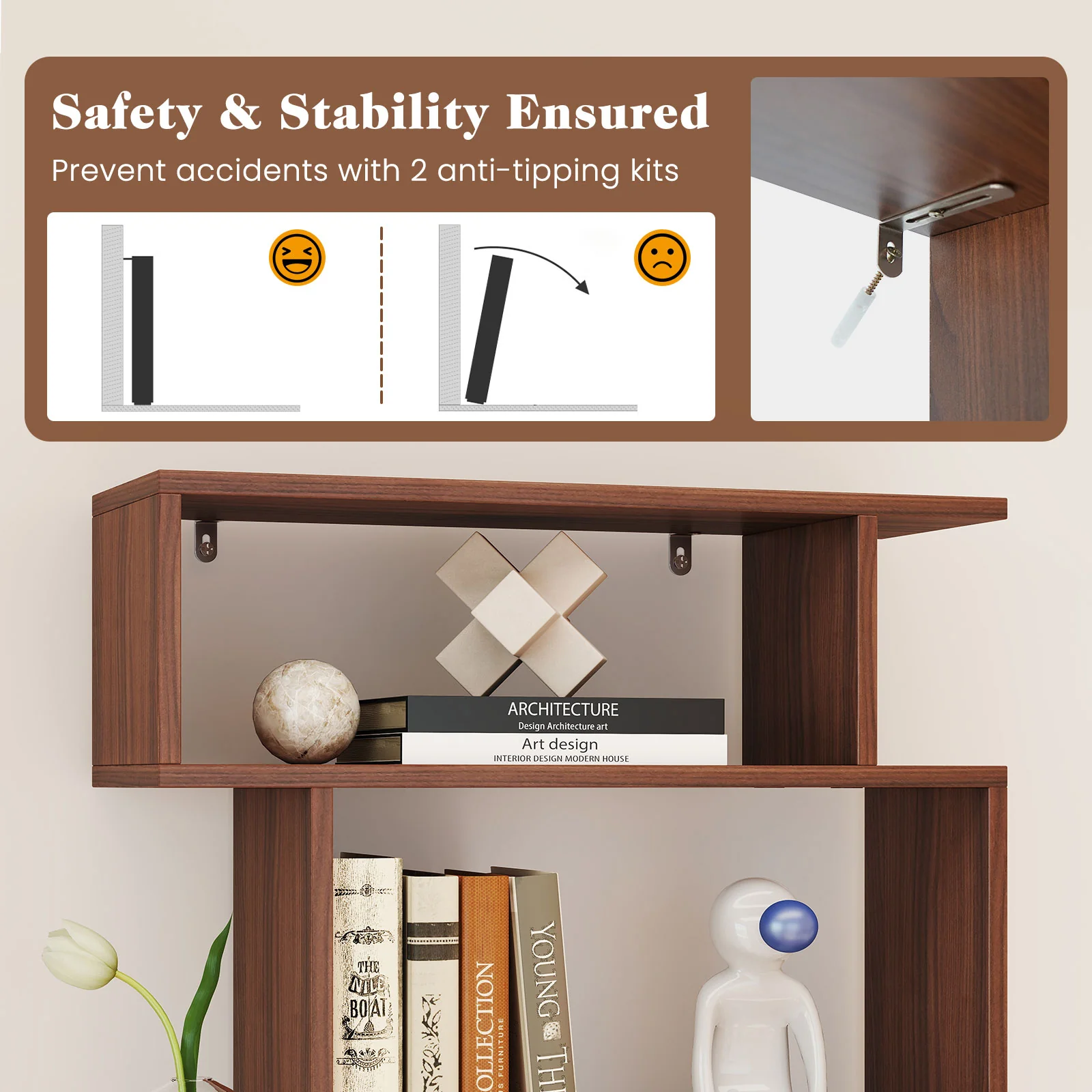 6-Tier Geometric Bookshelf, Walnut, 2 Anti-Tipping Kits - Image 9