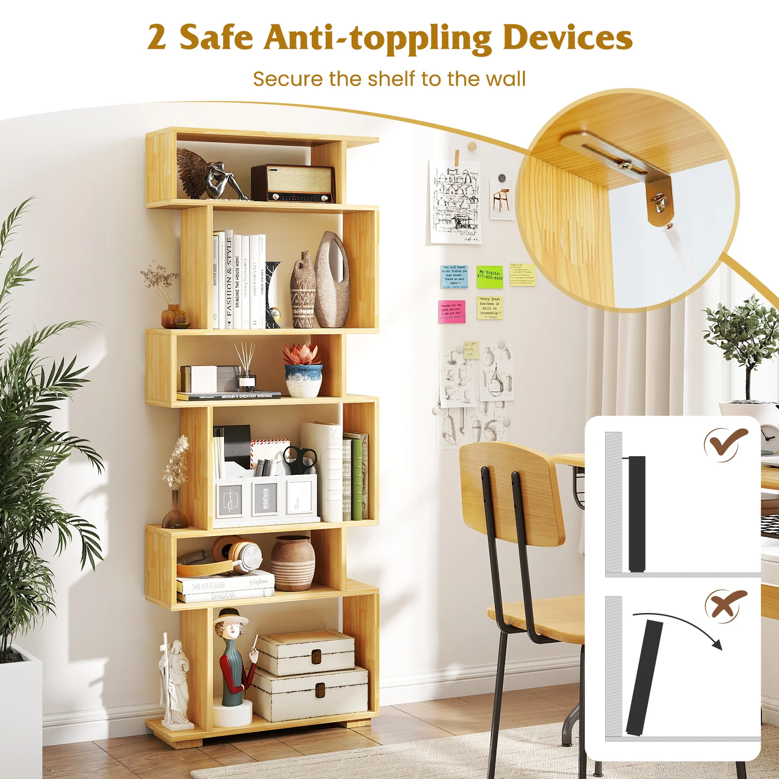 6-Tier Geometric Bookshelf with 2 Anti-Tipping Kits for Home Office-BE, Wood - Image 10