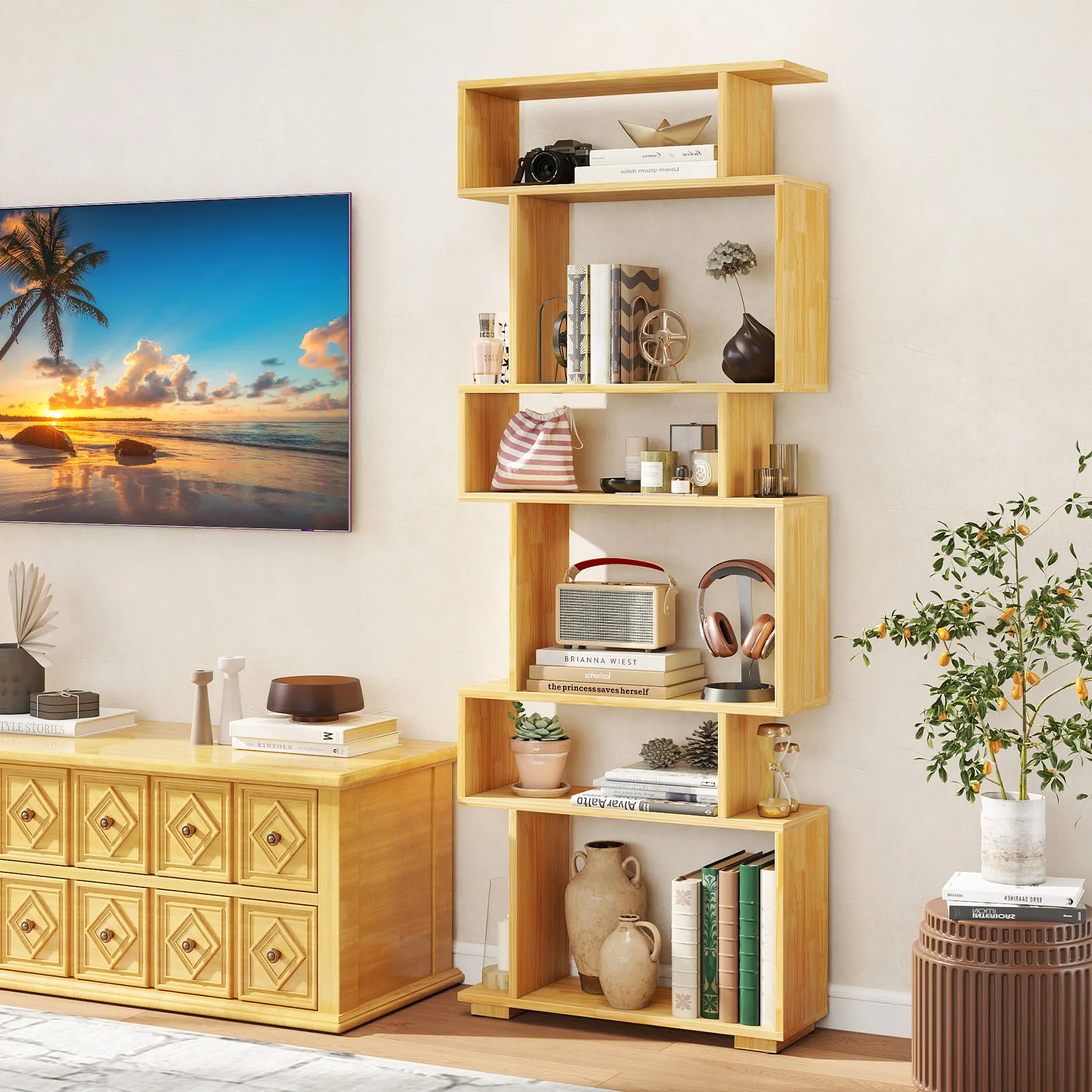 6-Tier Geometric Bookshelf with 2 Anti-Tipping Kits for Home Office-BE, Wood - Image 2